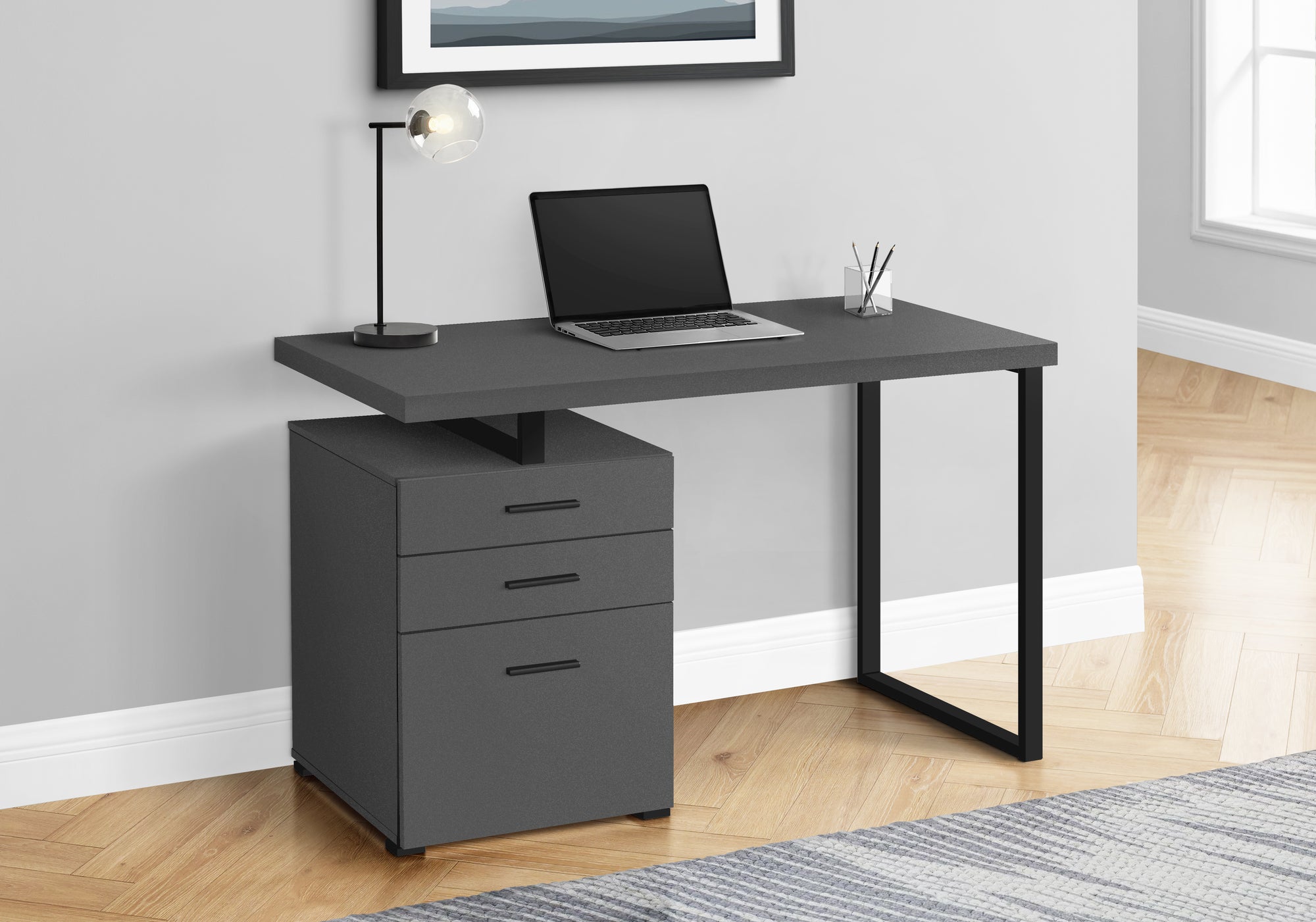 I 7645 Bureau, Bureau À Domicile, Ordinateur Portable, Configuration Gauche, Droite, Tiroirs De Rangement, 48"l, Travail, Métal, Stratifié, Gris, Noir, Contemporain, Moderne - Simple Boutique