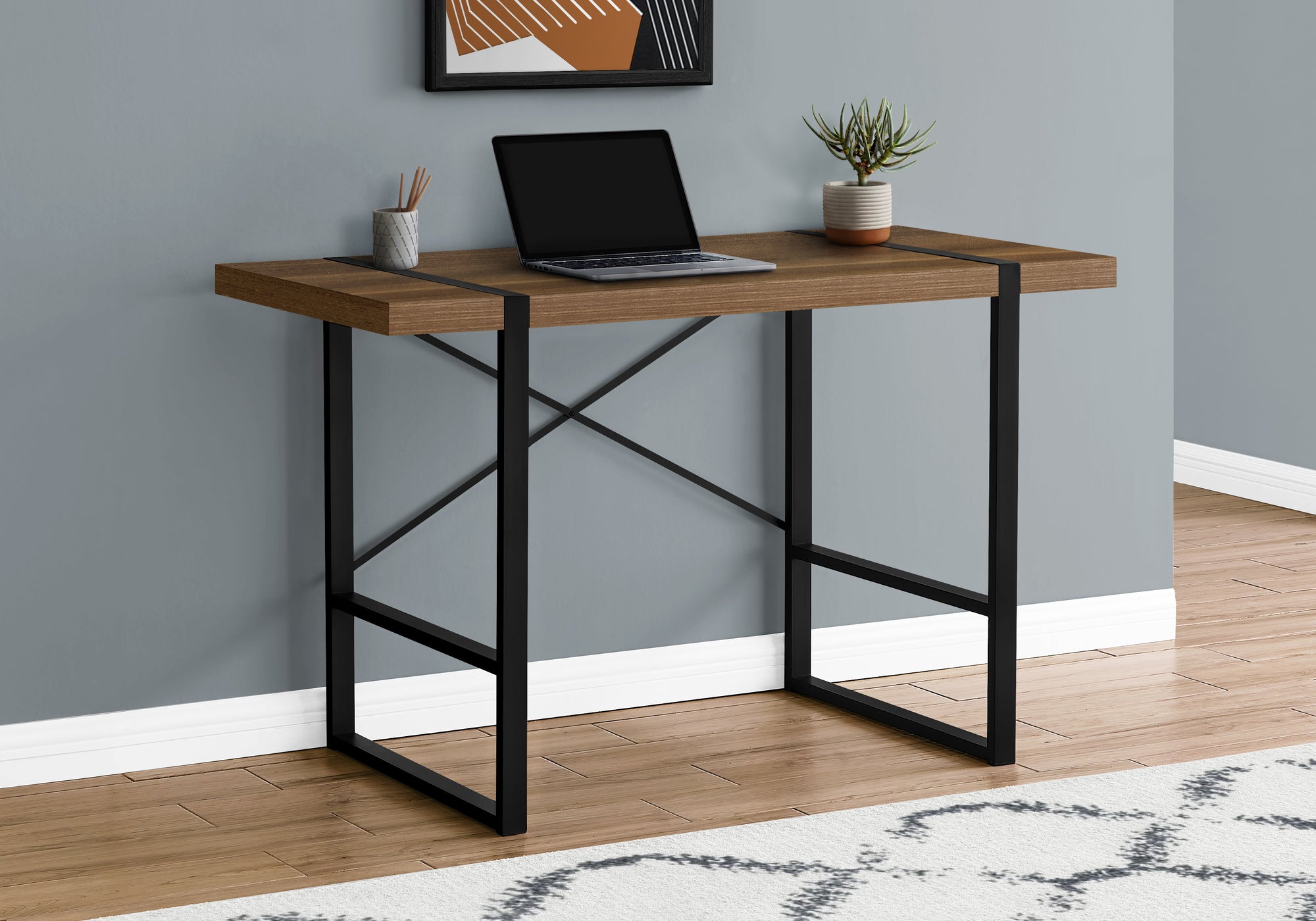 I 7655 Bureau, Bureau À Domicile, Ordinateur Portable, 48"l, Travail, Métal, Stratifié, Noyer, Noir, Contemporain, Moderne - Simple Boutique