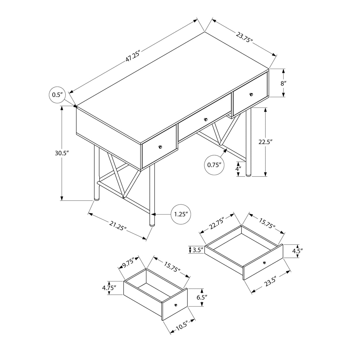 I 7670 Bureau, Bureau À Domicile, Ordinateur Portable, Tiroirs De Rangement, 48"l, Travail, Métal, Stratifié, Noyer, Noir, Transitionnel - Simple Boutique