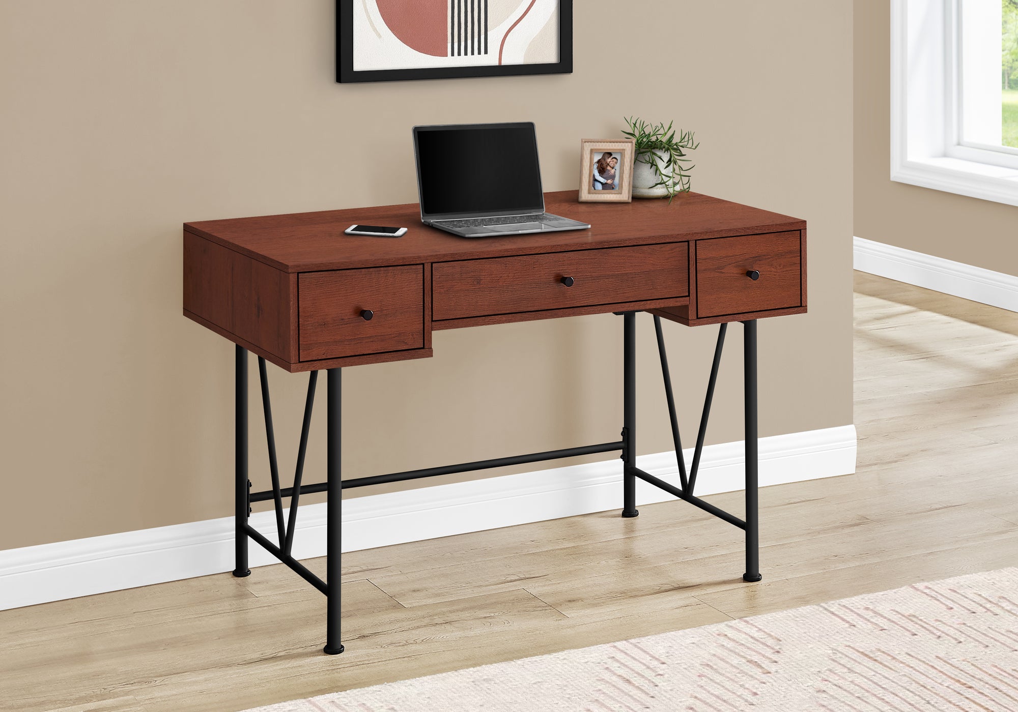 I 7671 Bureau, Bureau À Domicile, Ordinateur Portable, Tiroirs De Rangement, 48"l, Travail, Métal, Stratifié, Brun, Noir, Transitionnel - Simple Boutique