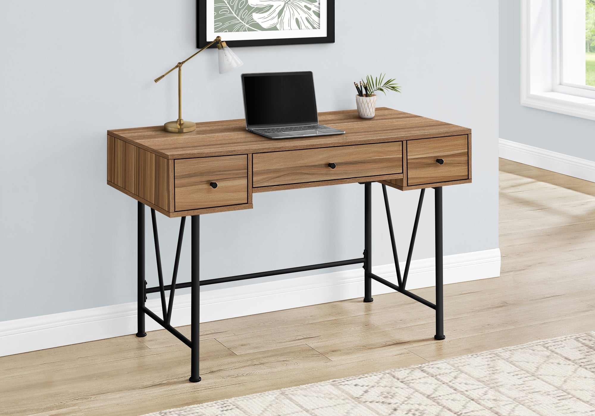 I 7672 Bureau, Bureau À Domicile, Ordinateur Portable, Tiroirs De Rangement, 48"l, Travail, Métal, Stratifié, Brun, Noir, Transitionnel - Simple Boutique