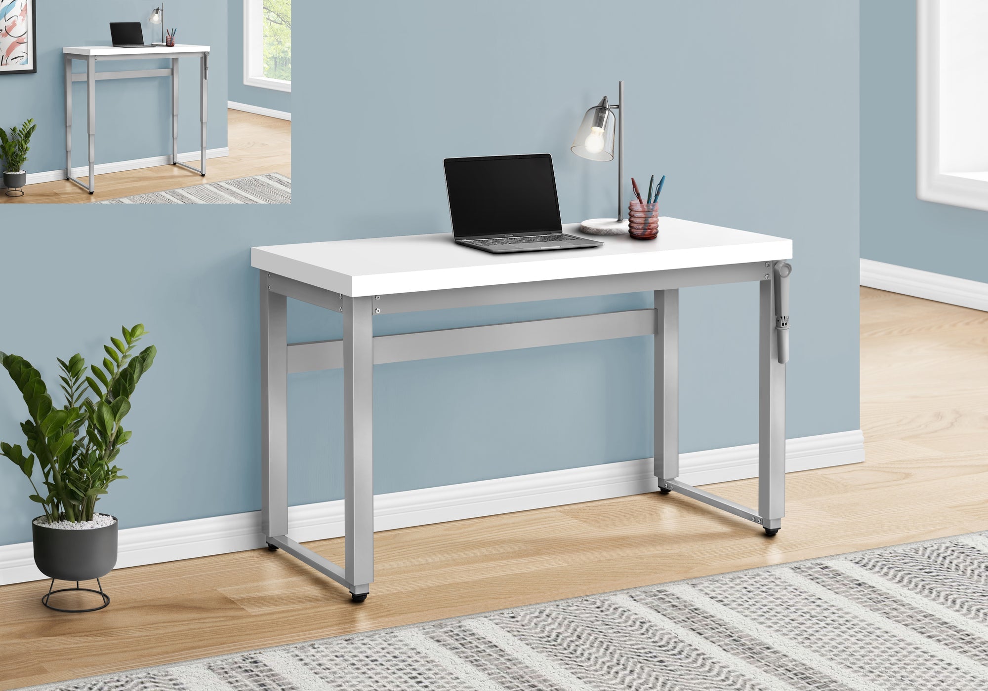 I 7683 Bureau, Bureau À Domicile, Debout, Ajustable, 48"l, Travail, Ordinateur Portable, Métal, Stratifié, Blanc, Gris, Contemporain, Moderne - Simple Boutique