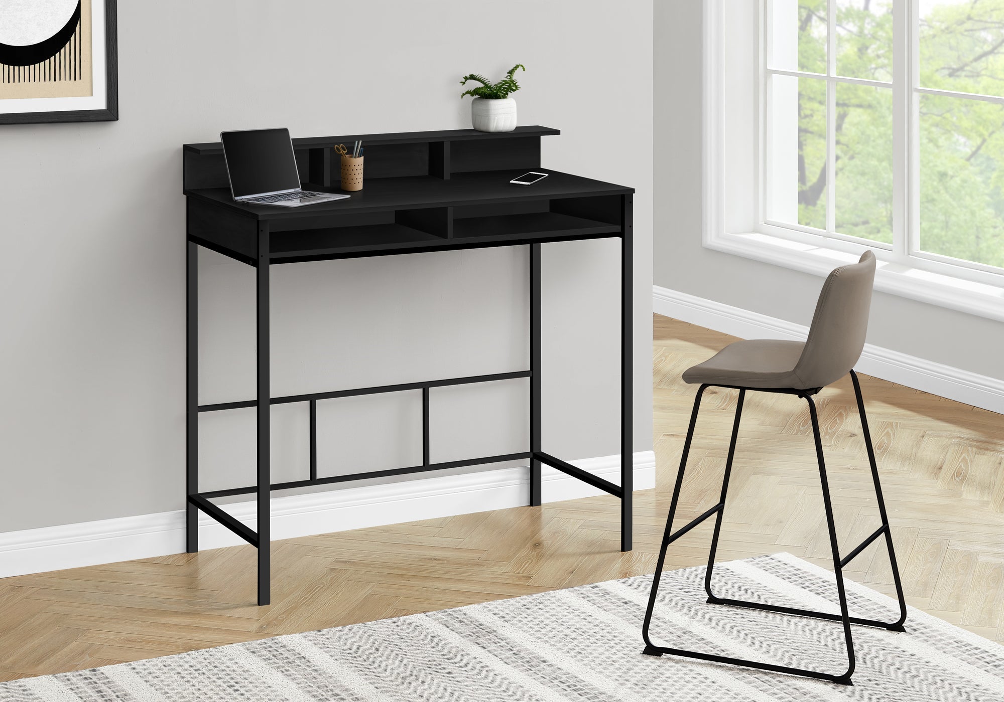 I 7700 Bureau, Bureau À Domicile, Debout, Étagères De Rangement, 48"l, Travail, Ordinateur Portable, Métal, Stratifié, Noir, Contemporain, Moderne - Simple Boutique