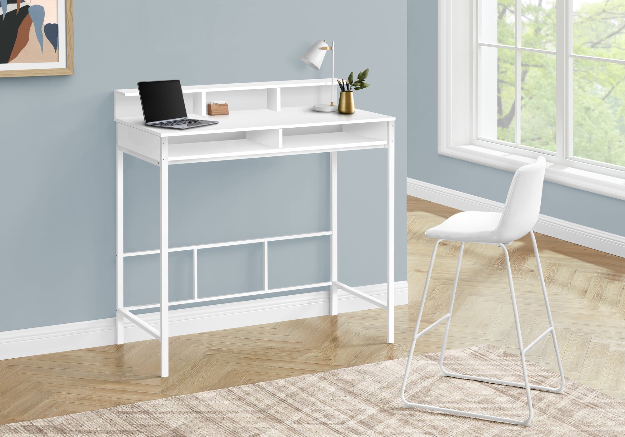 I 7701 Bureau, Bureau À Domicile, Debout, Étagères De Rangement, 48"l, Travail, Ordinateur Portable, Métal, Stratifié, Blanc, Contemporain, Moderne - Simple Boutique