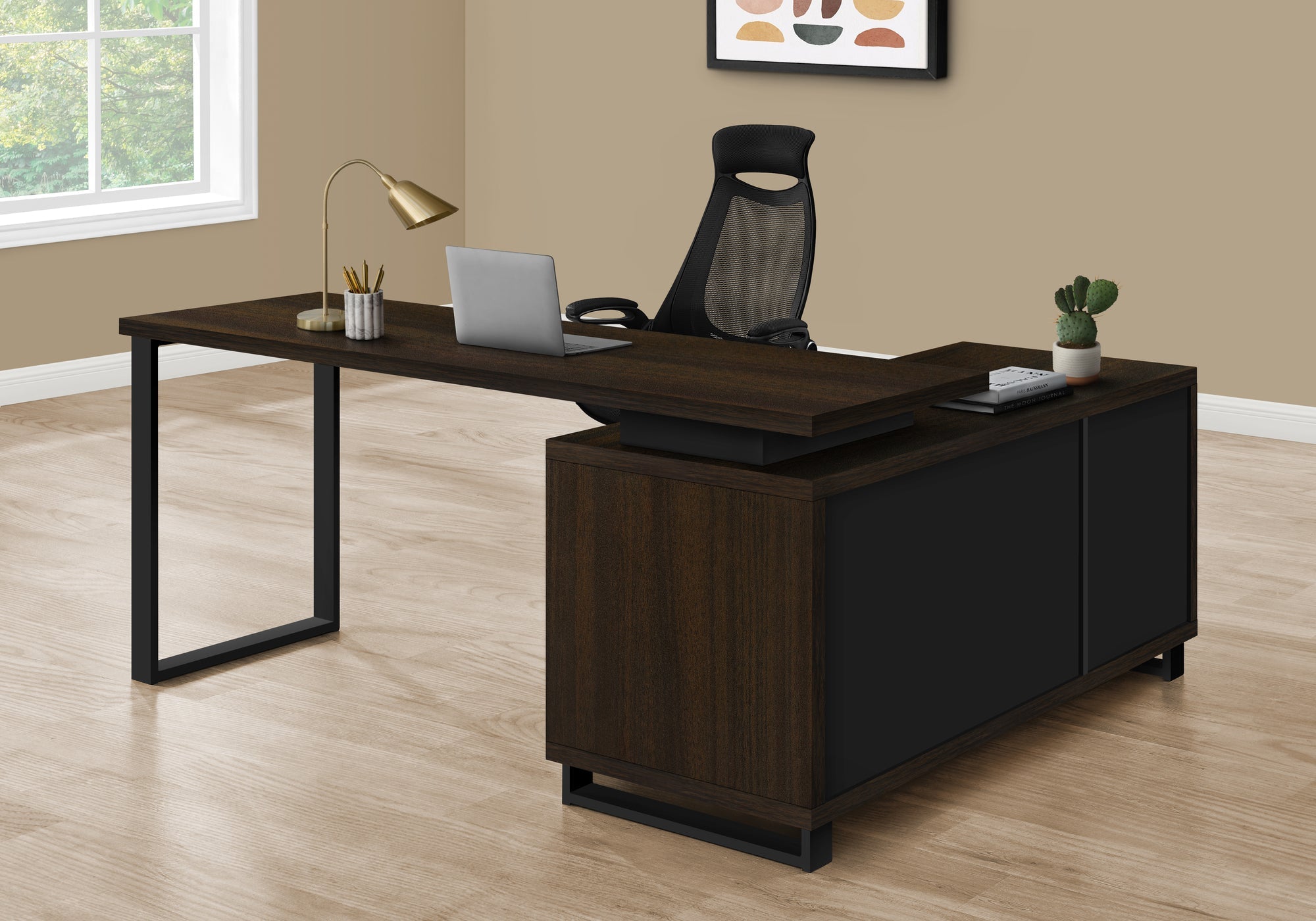 I 7710 Bureau, Bureau À Domicile, Coin, Tiroirs De Rangement, 72"l, Forme De L, Travail, Ordinateur Portable, Métal, Stratifié, Brun, Noir, Contemporain, Moderne - Simple Boutique