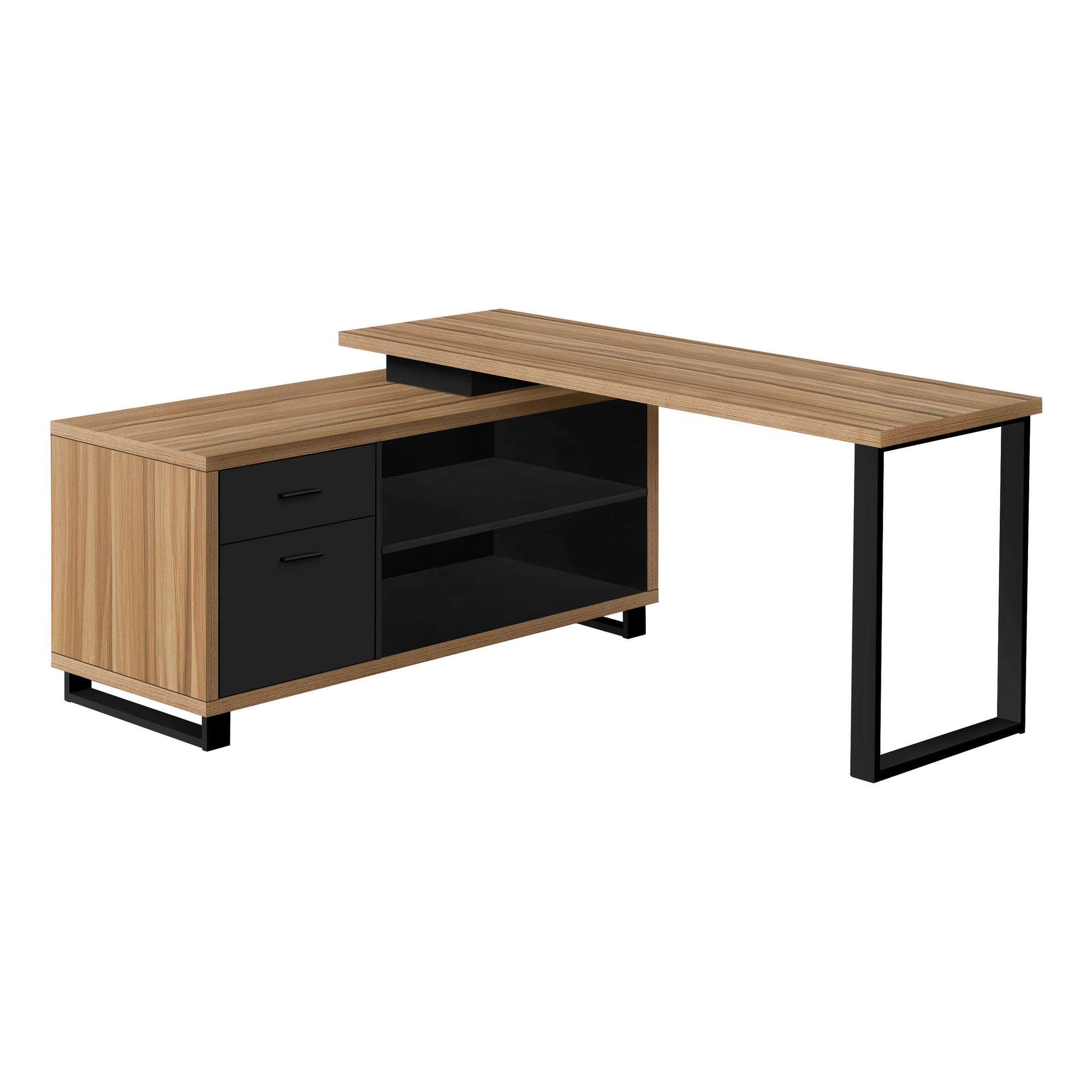 I 7712 Bureau, Bureau À Domicile, Coin, Tiroirs De Rangement, 72"l, Forme De L, Travail, Ordinateur Portable, Métal, Stratifié, Brun, Noir, Contemporain, Moderne - Simple Boutique