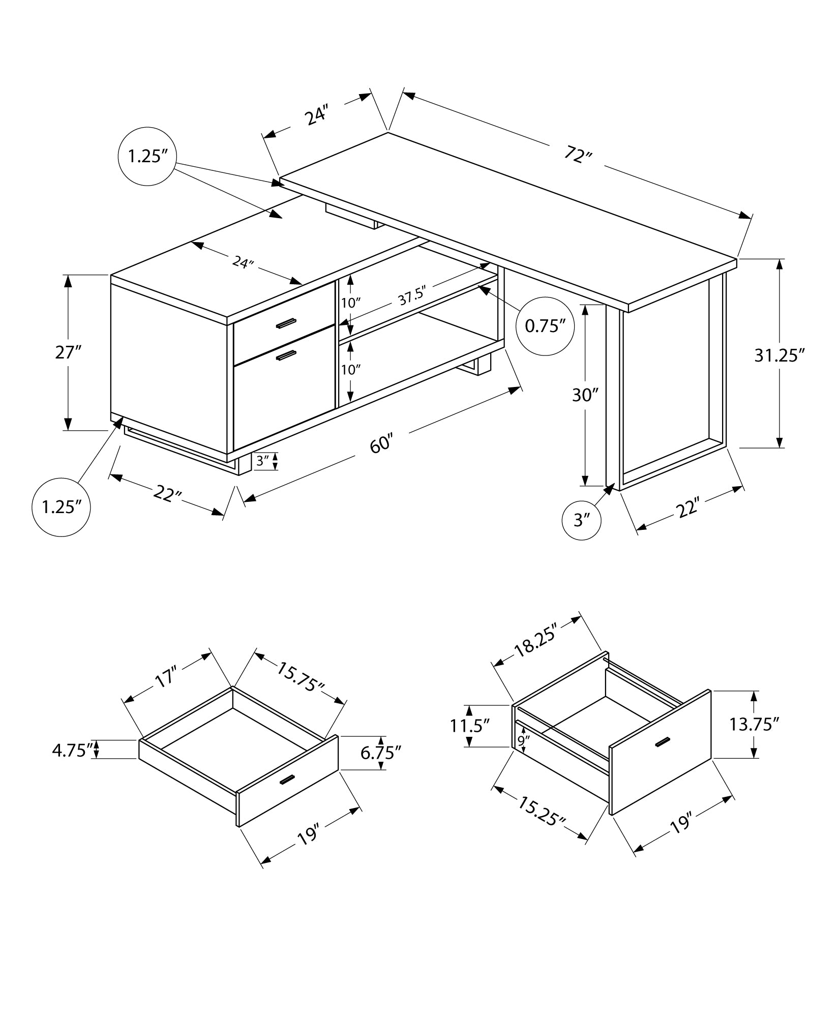 I 7712 Bureau, Bureau À Domicile, Coin, Tiroirs De Rangement, 72"l, Forme De L, Travail, Ordinateur Portable, Métal, Stratifié, Brun, Noir, Contemporain, Moderne - Simple Boutique