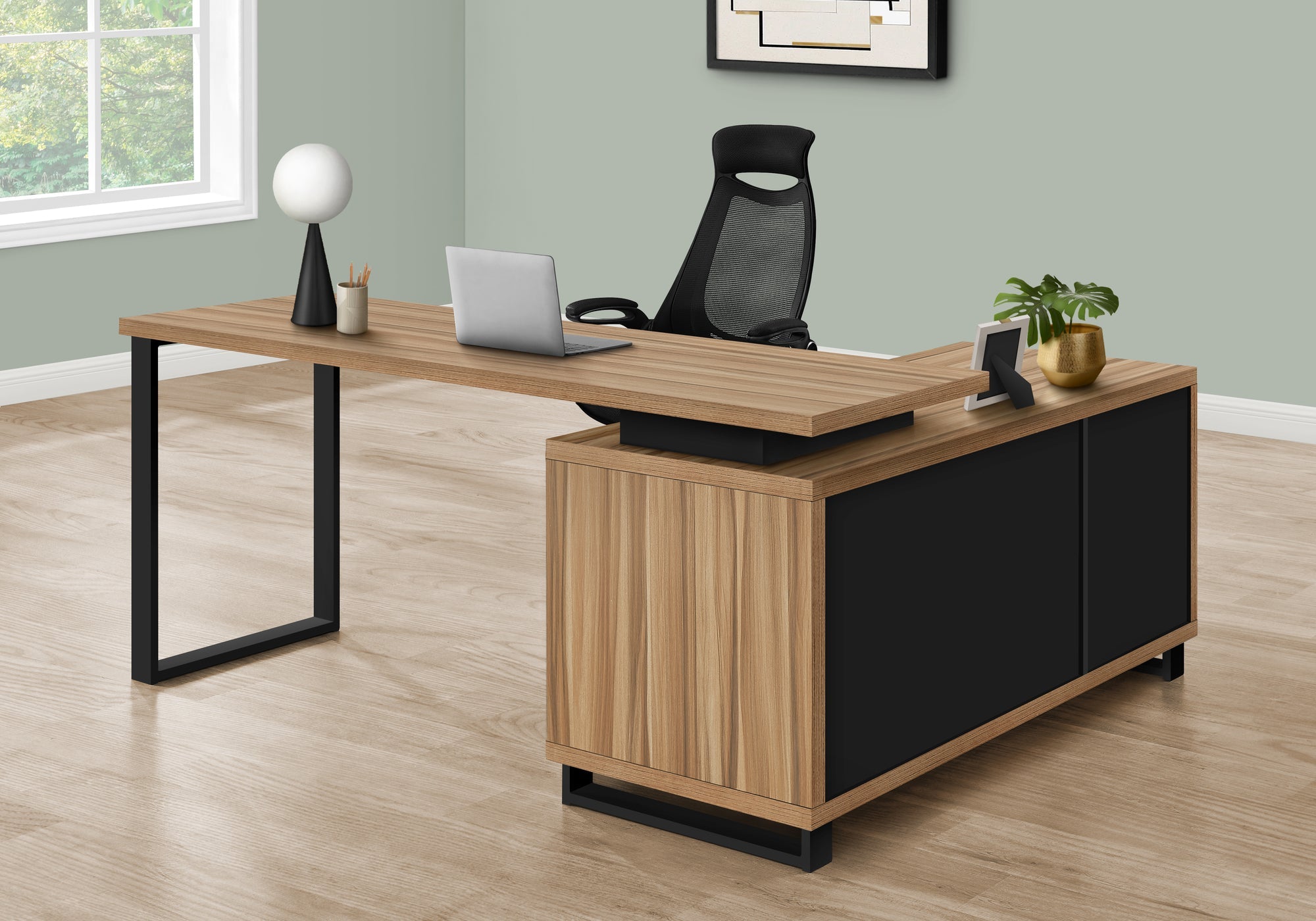 I 7712 Bureau, Bureau À Domicile, Coin, Tiroirs De Rangement, 72"l, Forme De L, Travail, Ordinateur Portable, Métal, Stratifié, Brun, Noir, Contemporain, Moderne - Simple Boutique