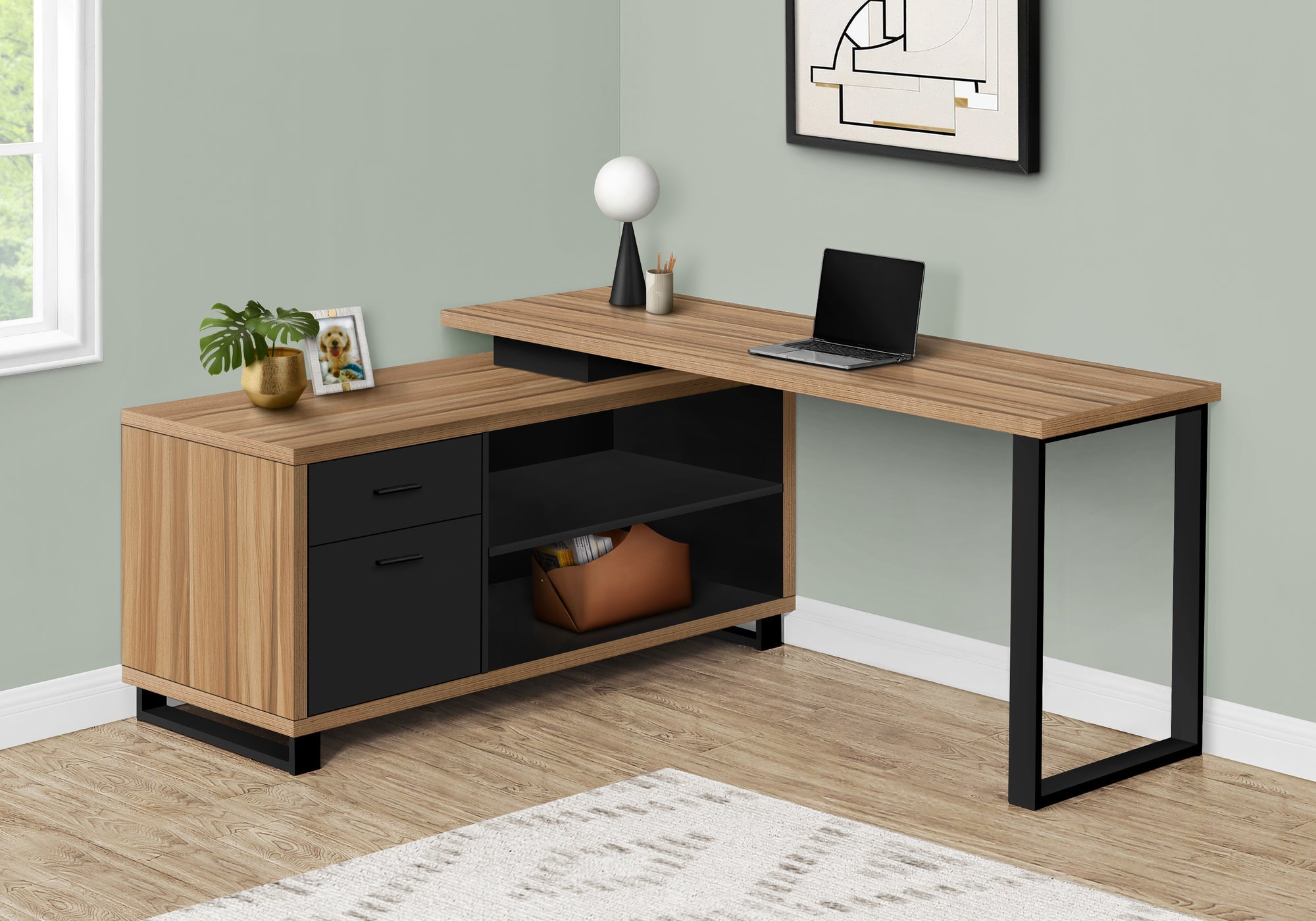 I 7712 Bureau, Bureau À Domicile, Coin, Tiroirs De Rangement, 72"l, Forme De L, Travail, Ordinateur Portable, Métal, Stratifié, Brun, Noir, Contemporain, Moderne - Simple Boutique