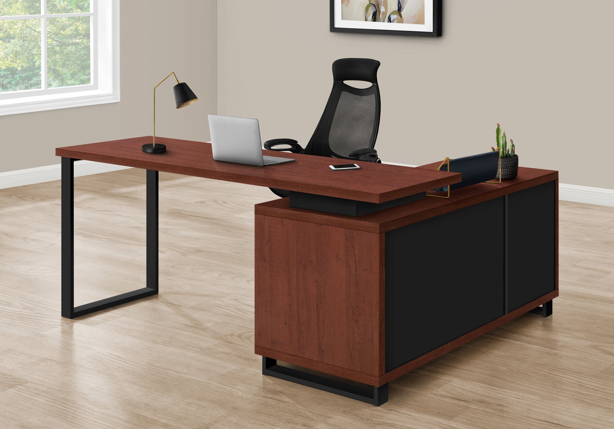 I 7713 Bureau, Bureau À Domicile, Coin, Tiroirs De Rangement, 72"l, Forme De L, Travail, Ordinateur Portable, Métal, Stratifié, Brun, Noir, Contemporain, Moderne - Simple Boutique