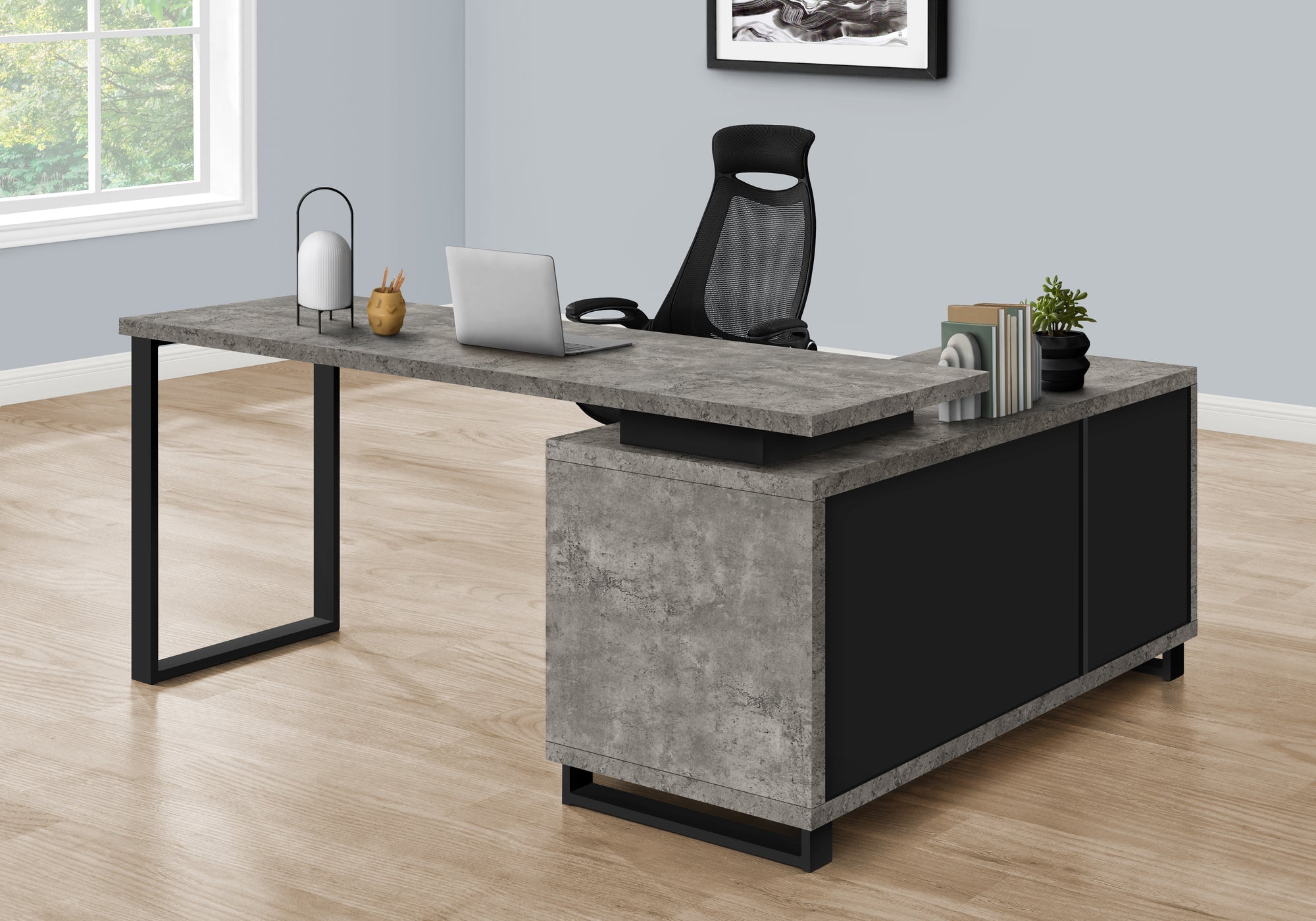 I 7714 Bureau, Bureau À Domicile, Coin, Tiroirs De Rangement, 72"l, Forme De L, Travail, Ordinateur Portable, Métal, Stratifié, Gris, Noir, Contemporain, Moderne - Simple Boutique