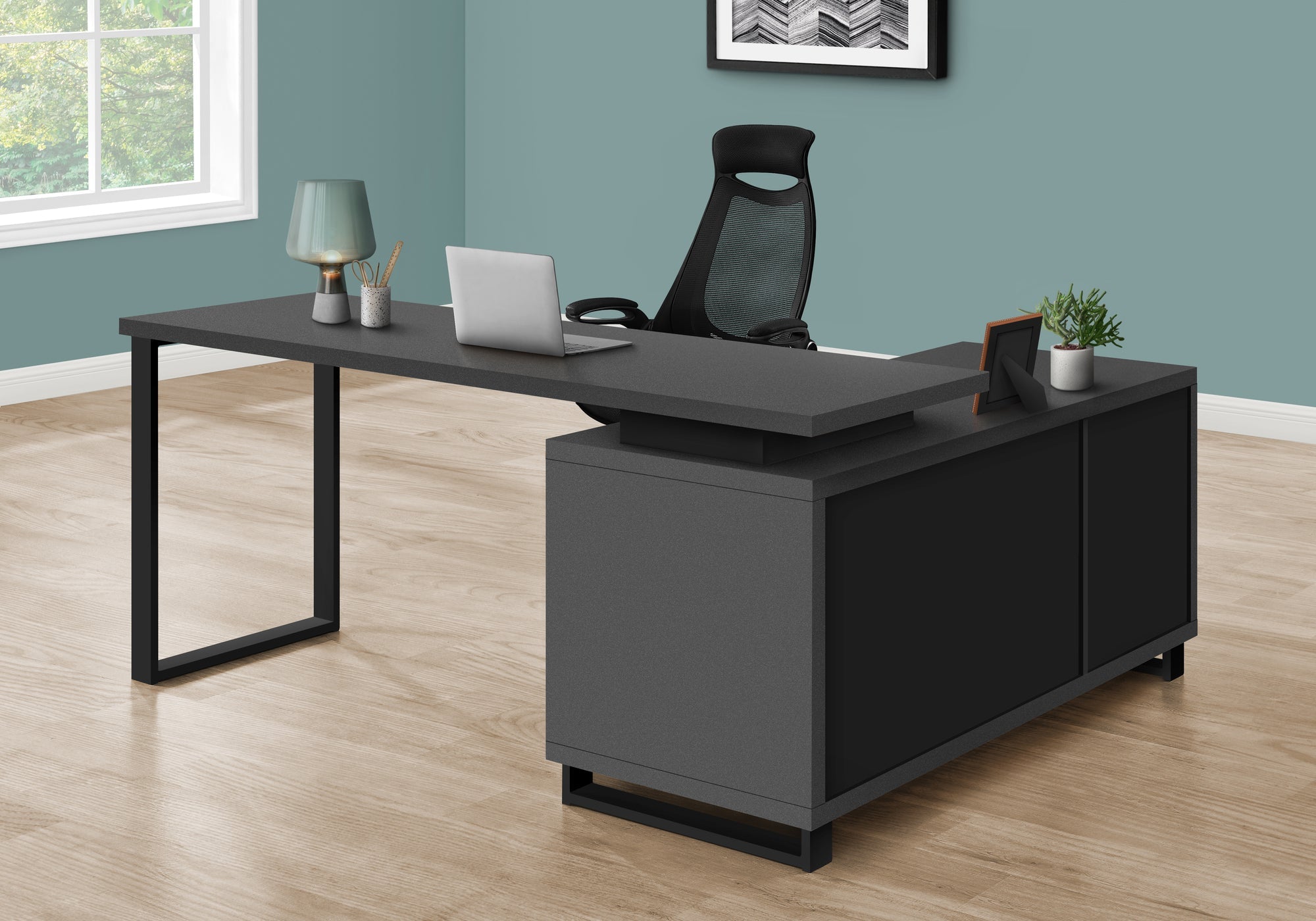 I 7715 Bureau, Bureau À Domicile, Coin, Tiroirs De Rangement, 72"l, Forme De L, Travail, Ordinateur Portable, Métal, Stratifié, Gris, Noir, Contemporain, Moderne - Simple Boutique