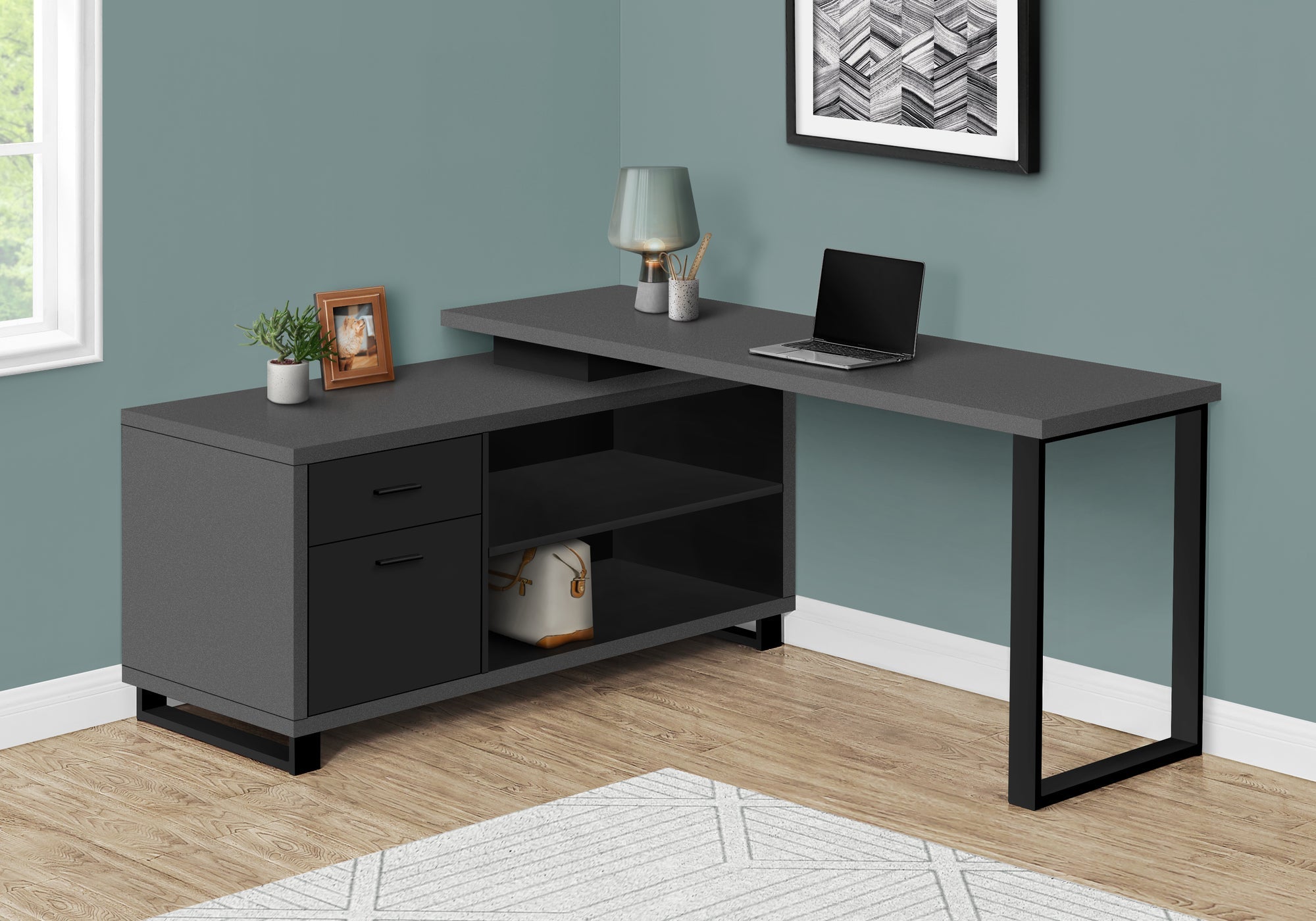 I 7715 Bureau, Bureau À Domicile, Coin, Tiroirs De Rangement, 72"l, Forme De L, Travail, Ordinateur Portable, Métal, Stratifié, Gris, Noir, Contemporain, Moderne - Simple Boutique