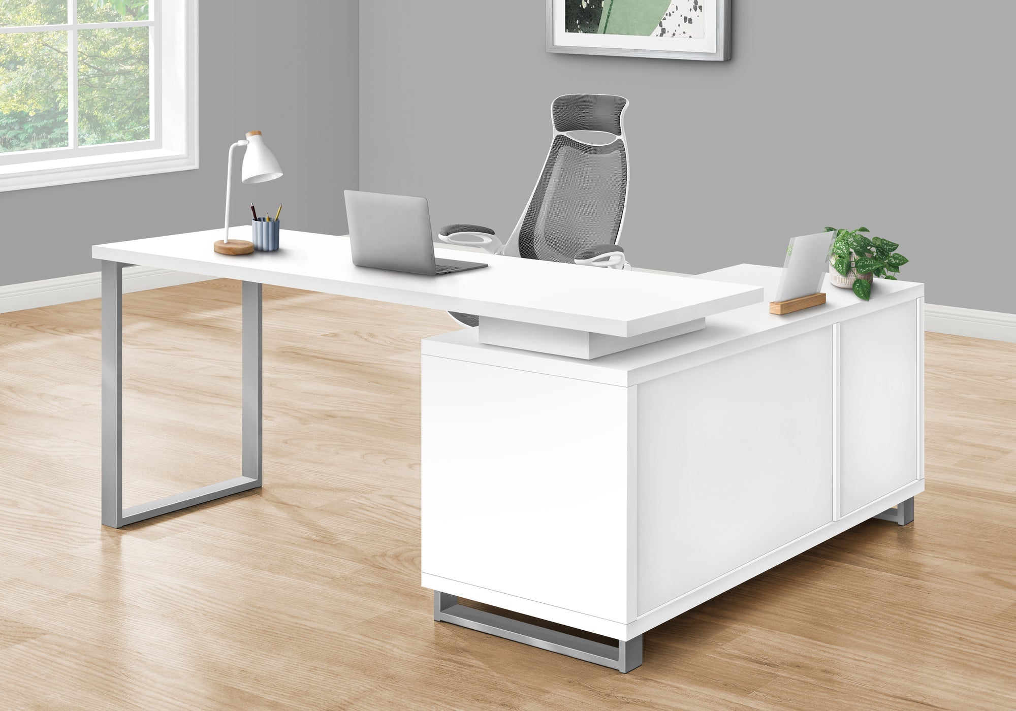 I 7716 Bureau, Bureau À Domicile, Coin, Tiroirs De Rangement, 72"l, Forme De L, Travail, Ordinateur Portable, Métal, Stratifié, Blanc, Gris, Contemporain, Moderne - Simple Boutique