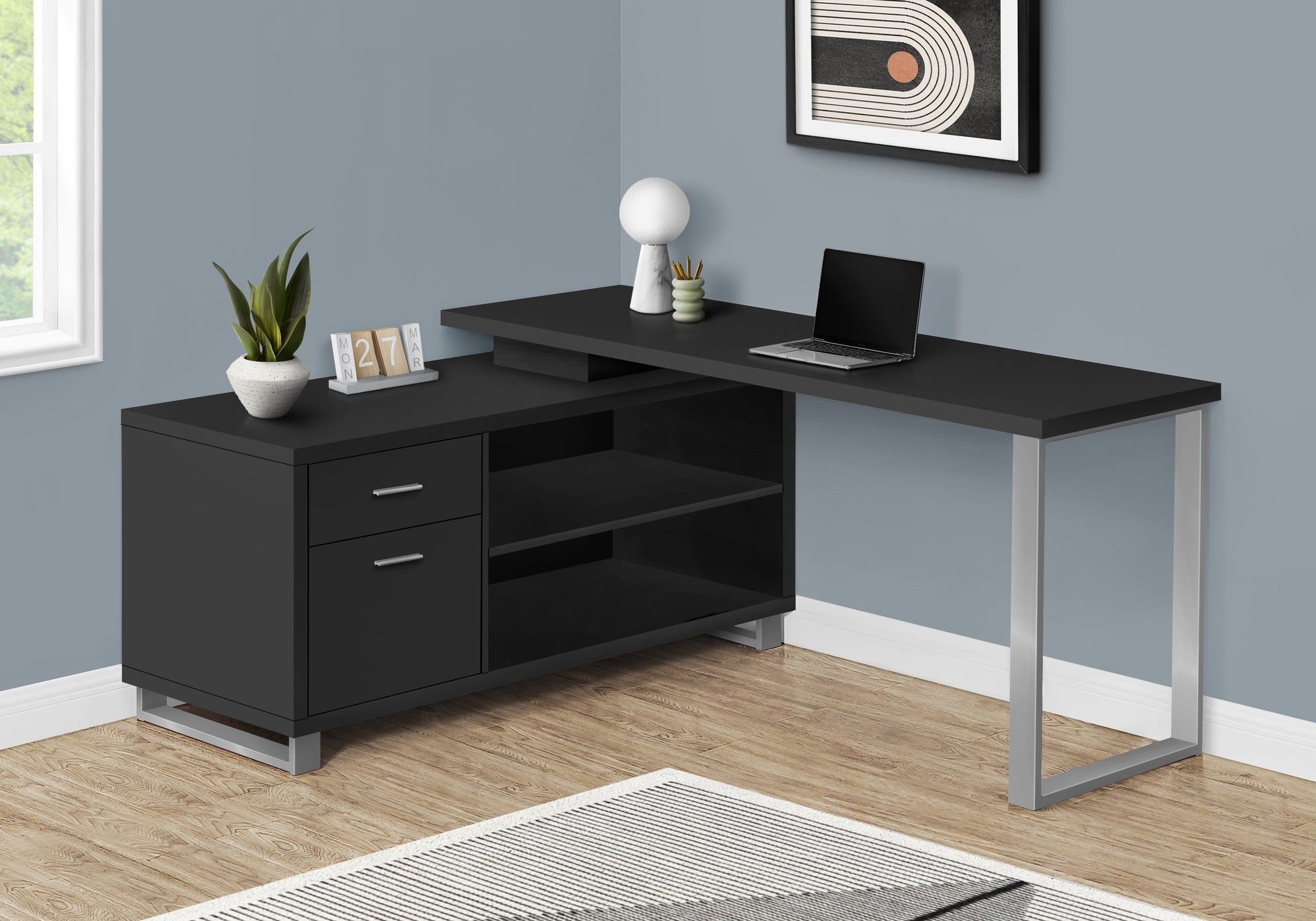 I 7717 Bureau, Bureau À Domicile, Coin, Tiroirs De Rangement, 72"l, Forme De L, Travail, Ordinateur Portable, Métal, Stratifié, Noir, Gris, Contemporain, Moderne - Simple Boutique