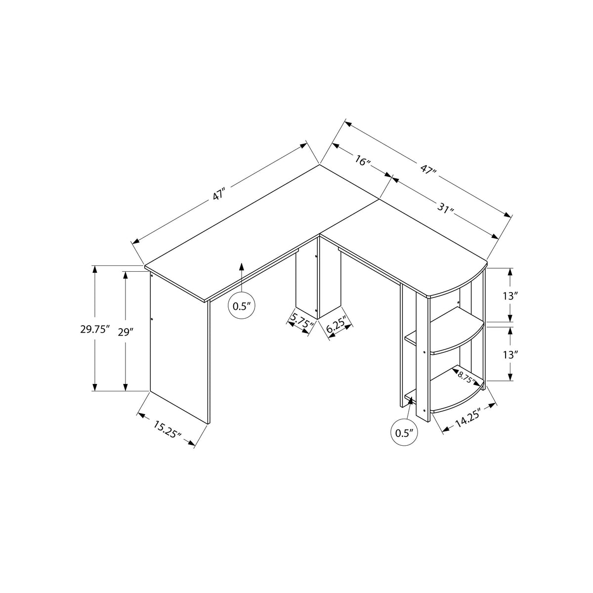 I 7721 Bureau, Bureau À Domicile, Coin, Étagères De Rangement, 48"l, Forme De L, Travail, Ordinateur Portable, Stratifié, Brun, Contemporain, Moderne - Simple Boutique
