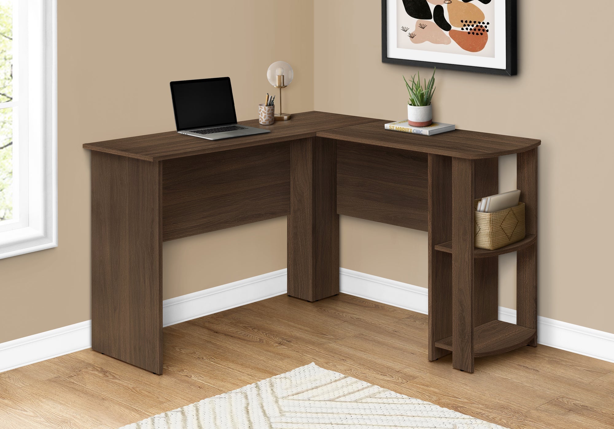 I 7721 Bureau, Bureau À Domicile, Coin, Étagères De Rangement, 48"l, Forme De L, Travail, Ordinateur Portable, Stratifié, Brun, Contemporain, Moderne - Simple Boutique
