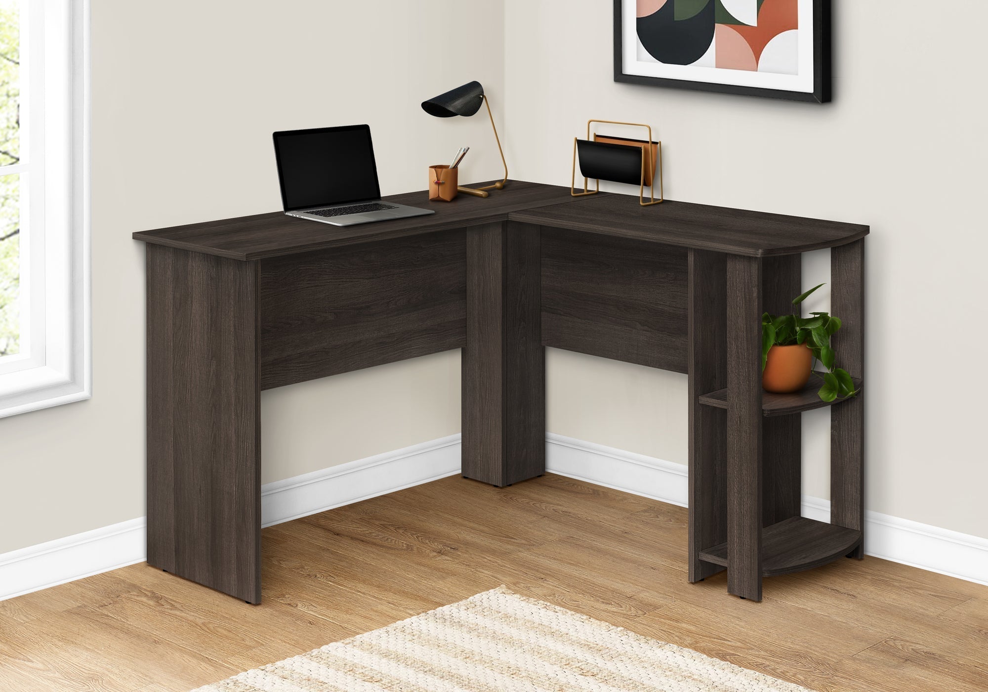 I 7722 Bureau, Bureau À Domicile, Coin, Étagères De Rangement, 48"l, Forme De L, Travail, Ordinateur Portable, Stratifié, Brun, Contemporain, Moderne - Simple Boutique