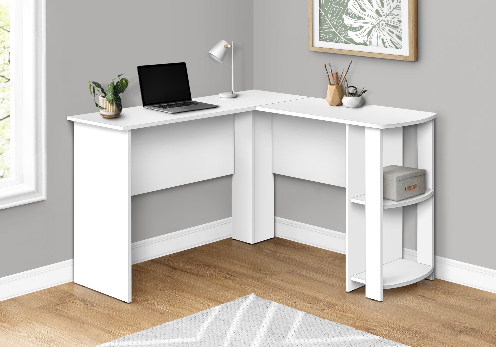I 7723 Bureau, Bureau À Domicile, Coin, Étagères De Rangement, 48"l, Forme De L, Travail, Ordinateur Portable, Stratifié, Blanc, Contemporain, Moderne - Simple Boutique