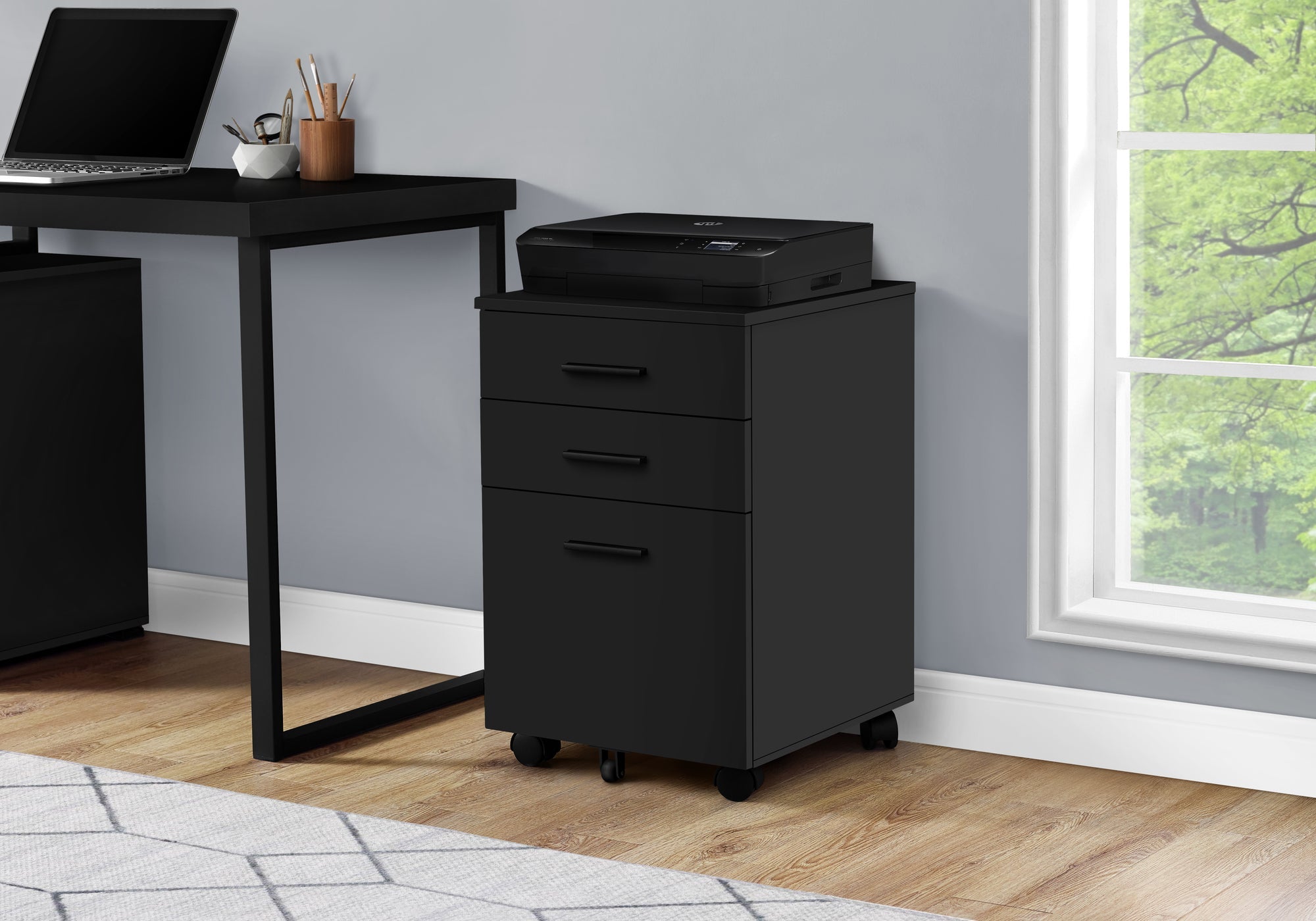 I 7781 Classeur, Mobile Roulant, Tiroirs De Rangement, Support D'imprimante, Bureau, Travail, Stratifié, Noir, Contemporain, Moderne - Simple Boutique