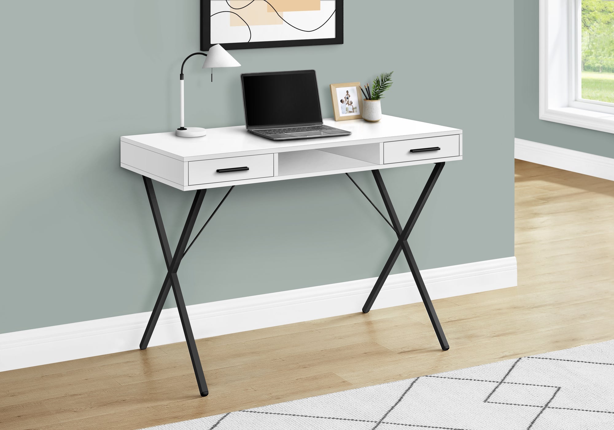 I 7790 Bureau, Bureau À Domicile, Ordinateur Portable, Configuration Gauche, Droite, Tiroirs De Rangement, 42"l, Travail, Métal, Stratifié, Blanc, Noir, Contemporain, Moderne - Simple Boutique