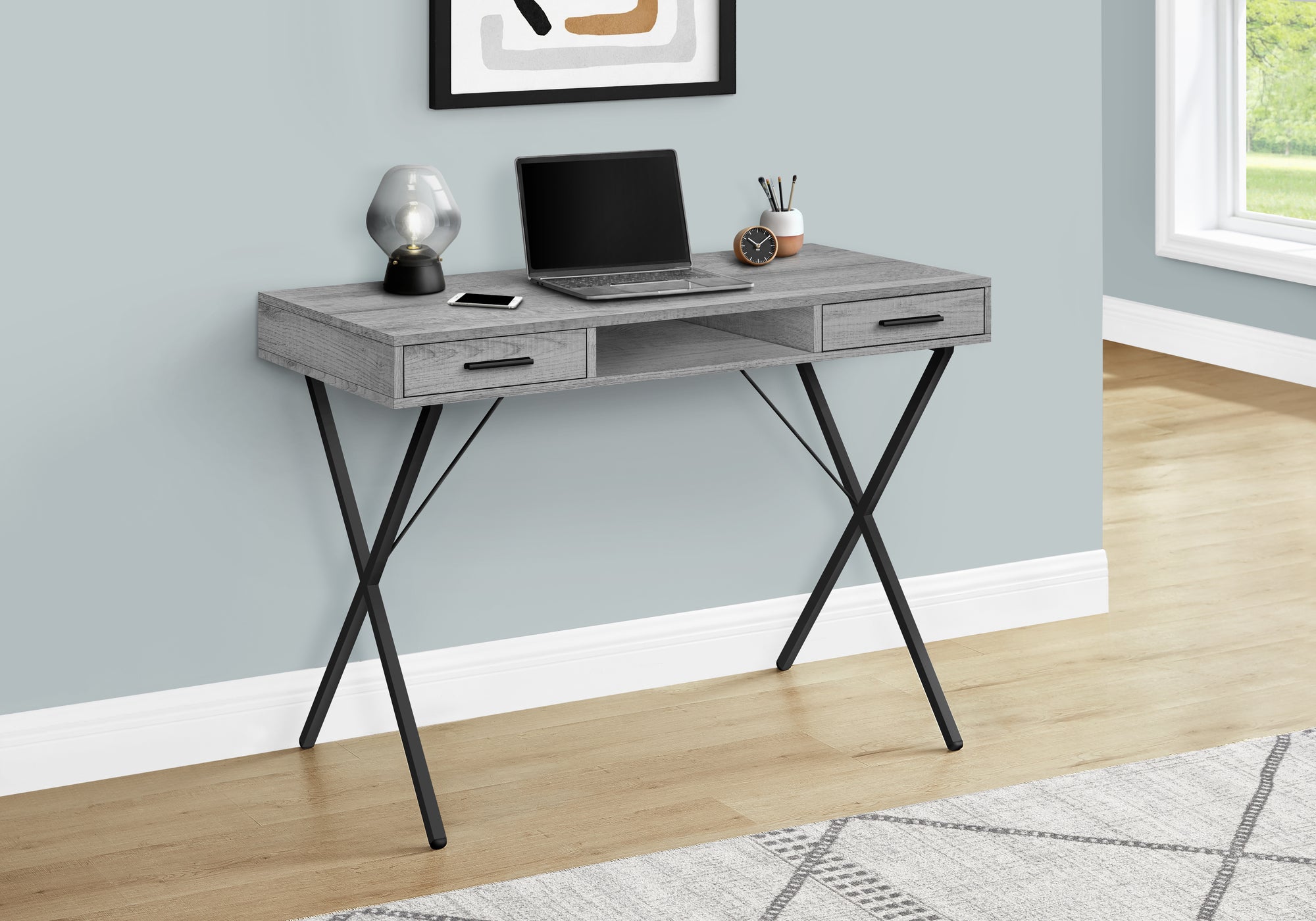 I 7792 Bureau, Bureau À Domicile, Ordinateur Portable, Configuration Gauche, Droite, Tiroirs De Rangement, 42"l, Travail, Métal, Stratifié, Gris, Noir, Contemporain, Moderne - Simple Boutique