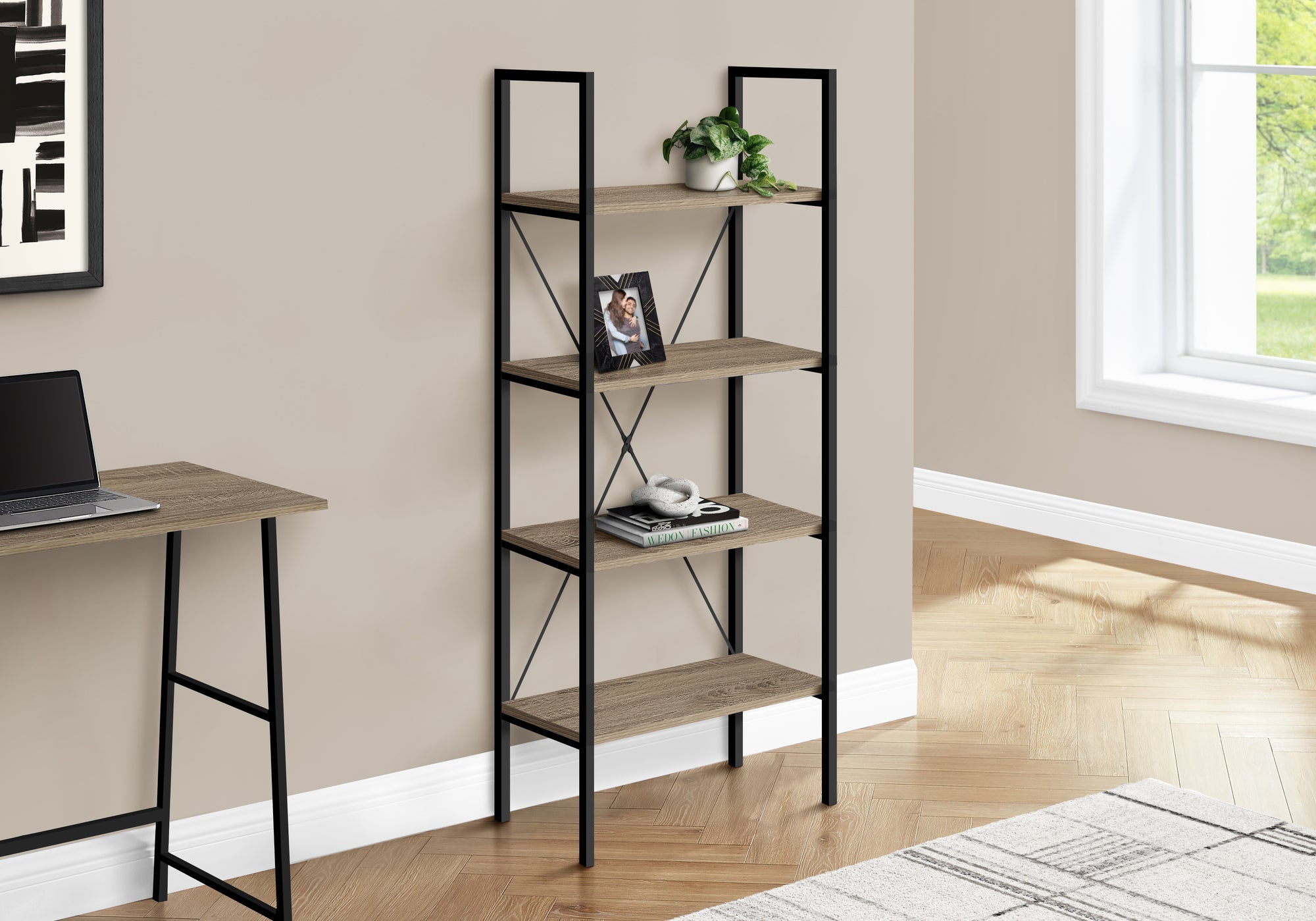 I 7800 Étagère À Livres, Étagère, 4 Niveaux, 48"h, Bureau, Chambre À Coucher, Métal, Stratifié, Brun, Noir, Contemporain, Moderne - Simple Boutique