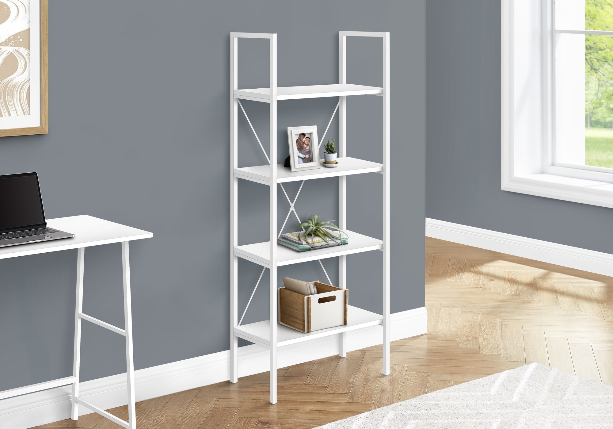 I 7801 Étagère À Livres, Étagère, 4 Niveaux, 48"h, Bureau, Chambre À Coucher, Métal, Stratifié, Blanc, Contemporain, Moderne - Simple Boutique