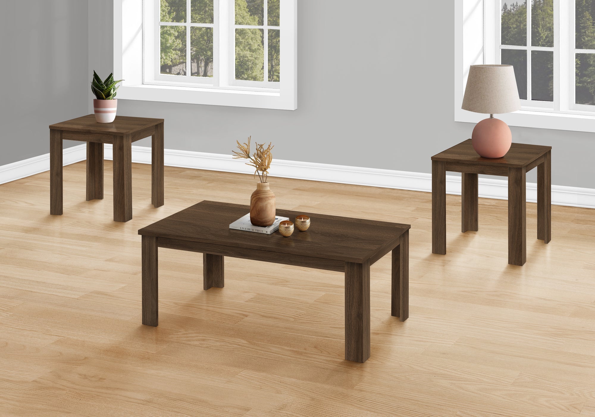 I 7862P Ensemble De Table, Ensemble 3pcs, Café, Bout, Côté, Accent, Salon, Stratifié, Noyer, Transitionnel - Simple Boutique