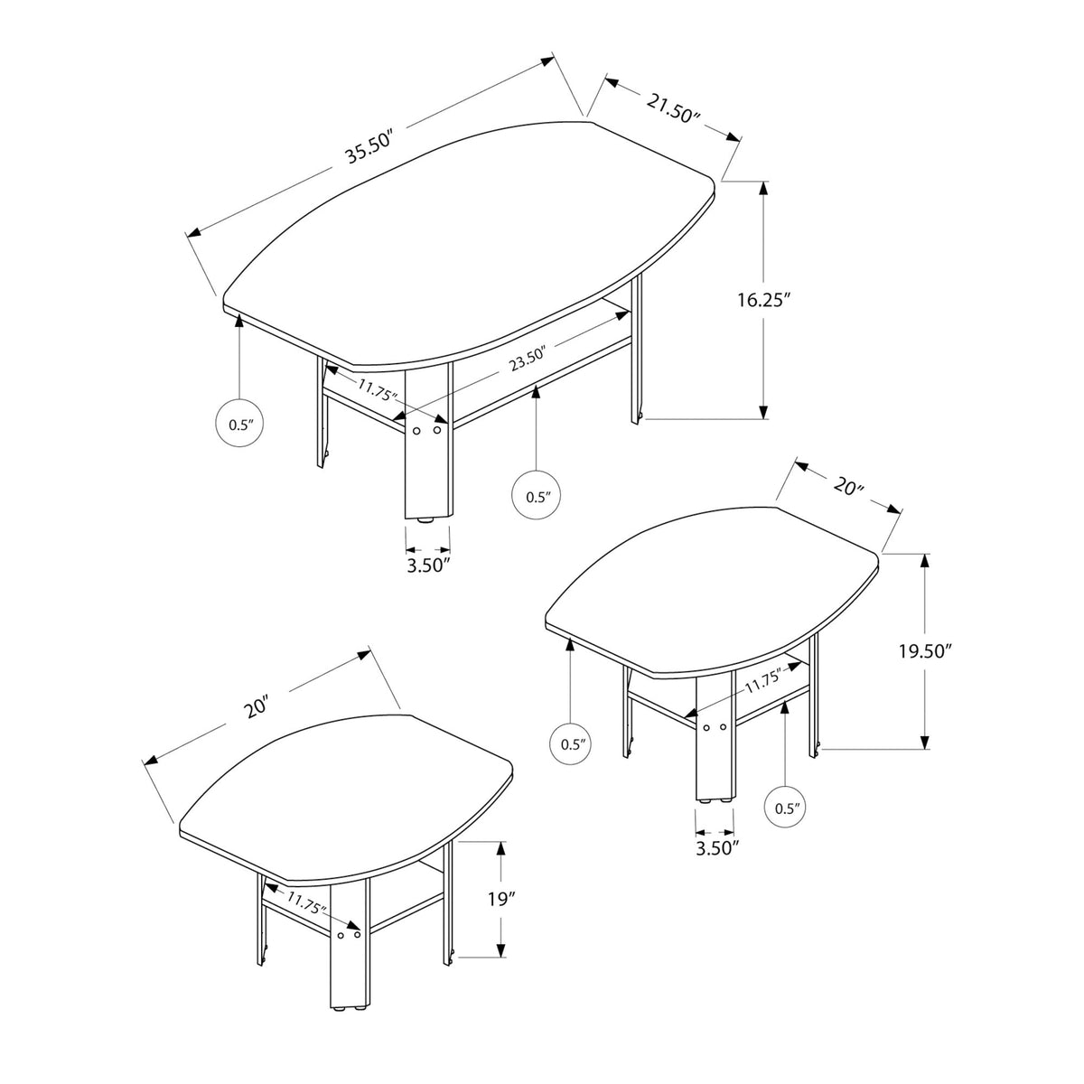 I 7870P Ensemble De Table, Ensemble 3pcs, Café, Bout, Côté, Accent, Salon, Stratifié, Gris, Transitionnel - Simple Boutique