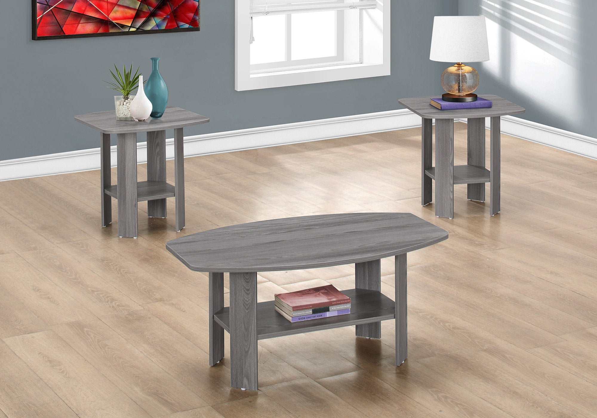 I 7925P Ensemble De Table, Ensemble 3pcs, Café, Bout, Côté, Accent, Salon, Stratifié, Gris, Transitionnel - Simple Boutique