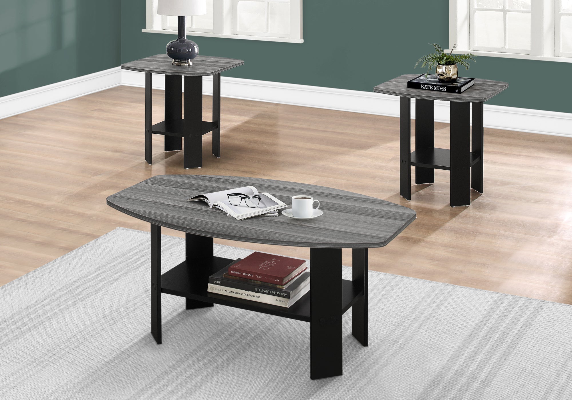 I 7928P Ensemble De Table, Ensemble 3pcs, Café, Bout, Côté, Accent, Salon, Stratifié, Noir, Gris, Transitionnel - Simple Boutique