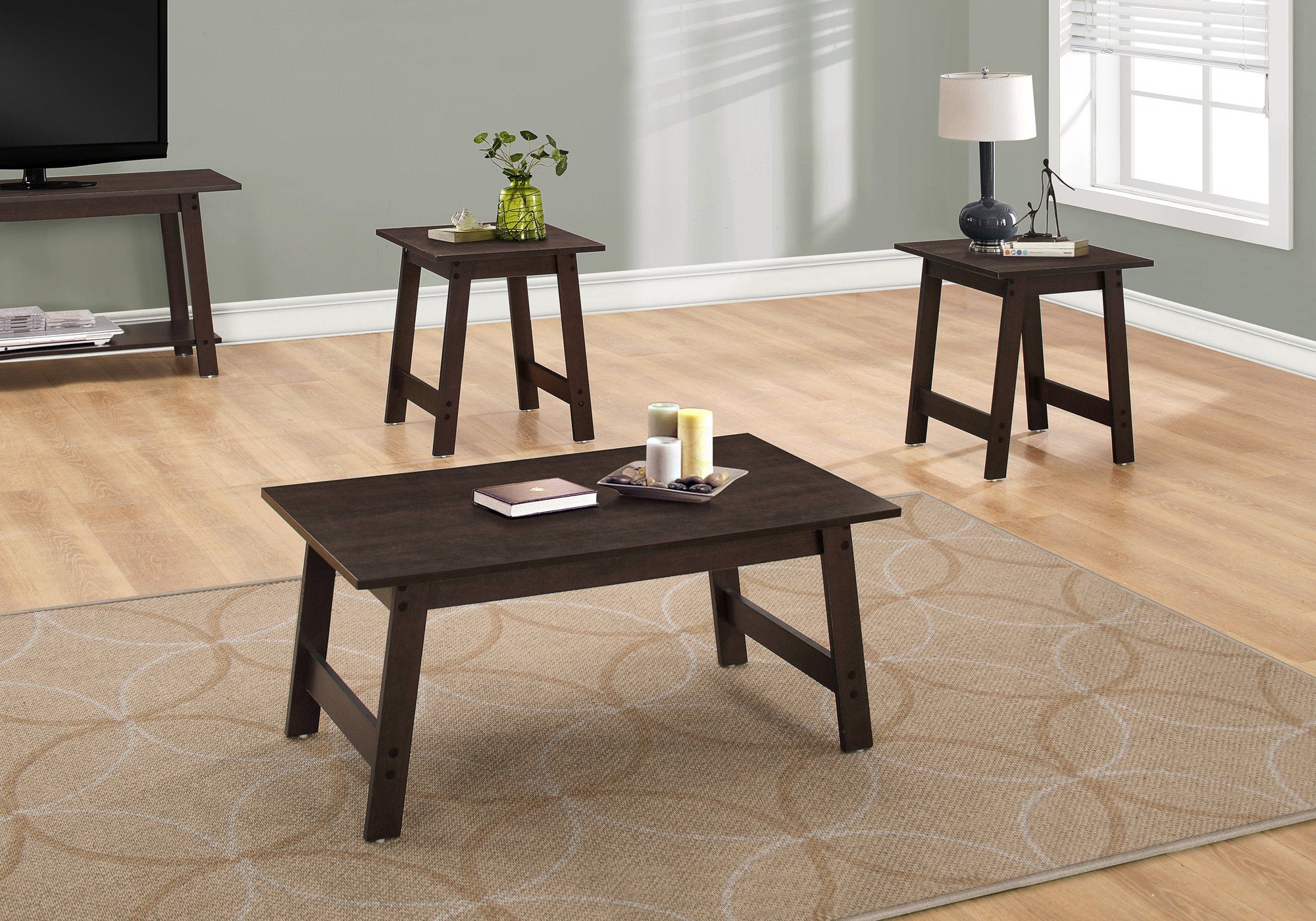I 7930P Ensemble De Table, Ensemble 3pcs, Café, Bout, Côté, Accent, Salon, Stratifié, Brun, Transitionnel - Simple Boutique