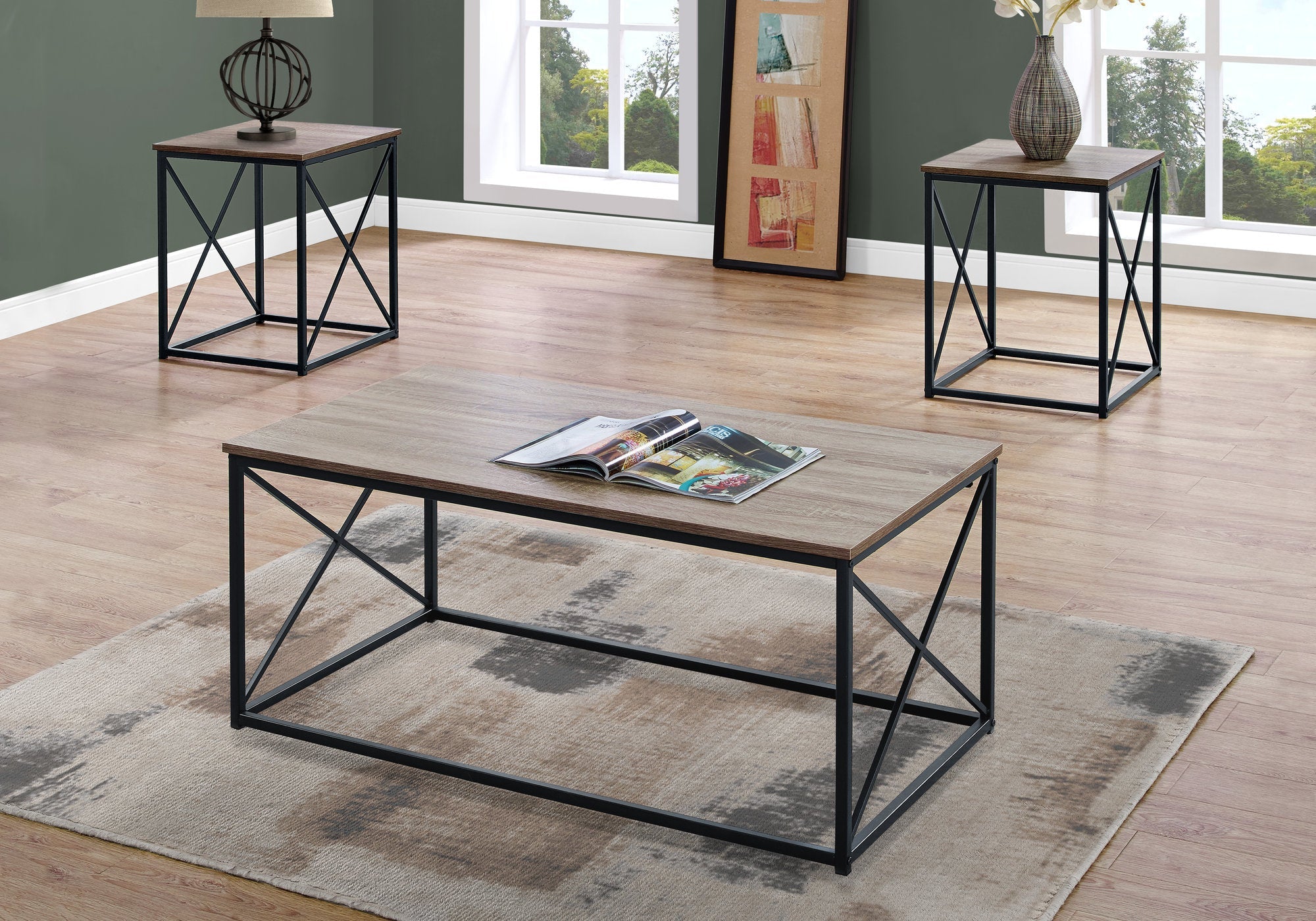 I 7950P Ensemble De Table, Ensemble 3pcs, Café, Bout, Côté, Accent, Salon, Métal, Stratifié, Brun, Noir, Contemporain, Moderne - Simple Boutique