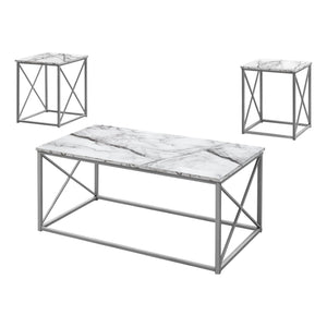 I 7953P Ensemble De Table, Ensemble 3pcs, Café, Bout, Côté, Accent, Salon, Métal, Stratifié, Aspect Marbre Blanc, Gris, Contemporain, Moderne - Simple Boutique