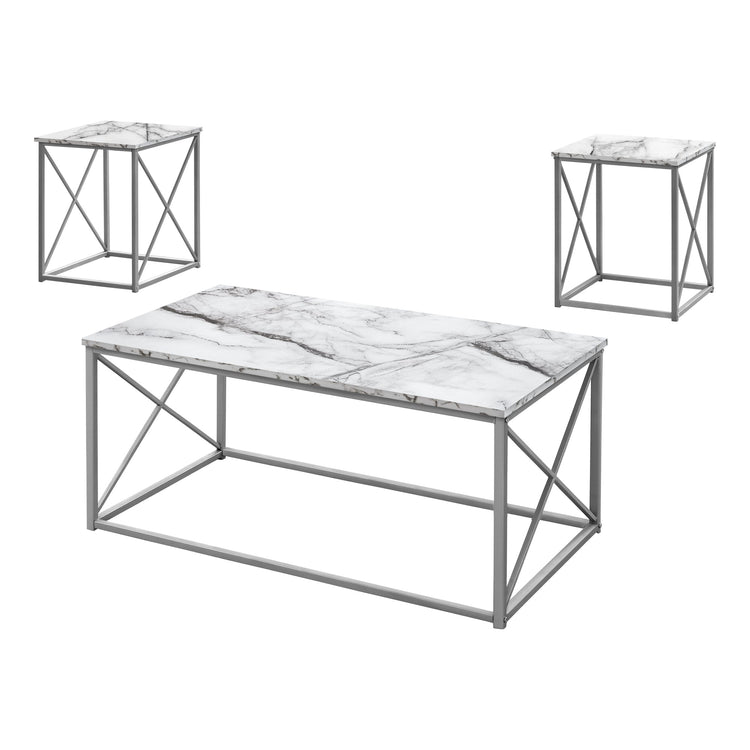 I 7953P Ensemble De Table, Ensemble 3pcs, Café, Bout, Côté, Accent, Salon, Métal, Stratifié, Aspect Marbre Blanc, Gris, Contemporain, Moderne - Simple Boutique