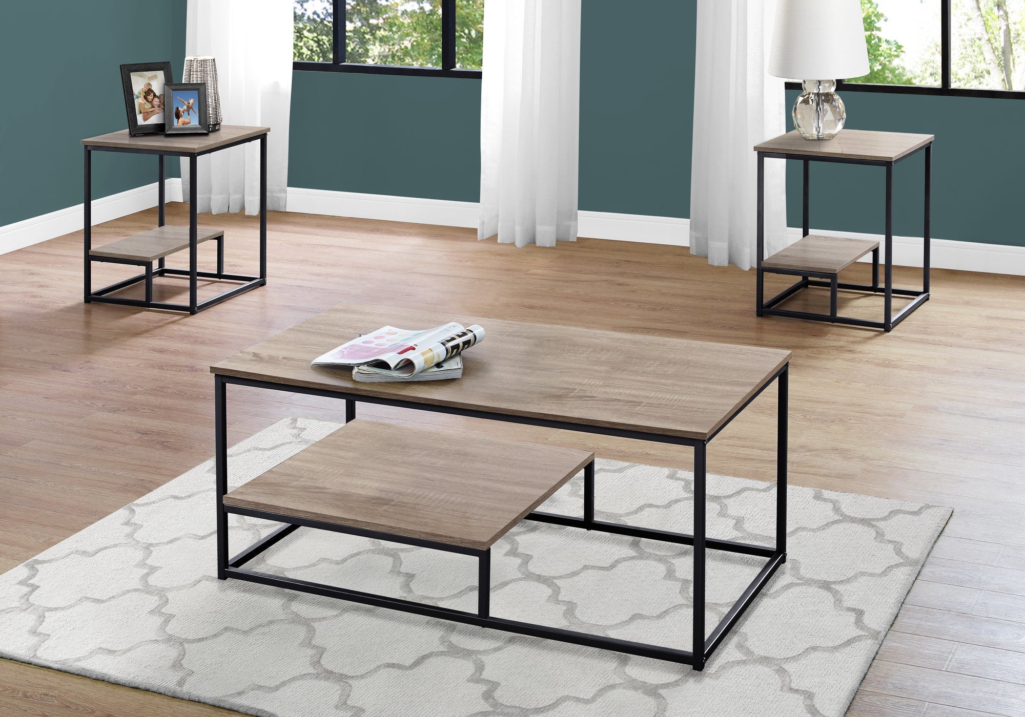 I 7960P Ensemble De Table, Ensemble 3pcs, Café, Bout, Côté, Accent, Salon, Métal, Stratifié, Brun, Noir, Contemporain, Moderne - Simple Boutique