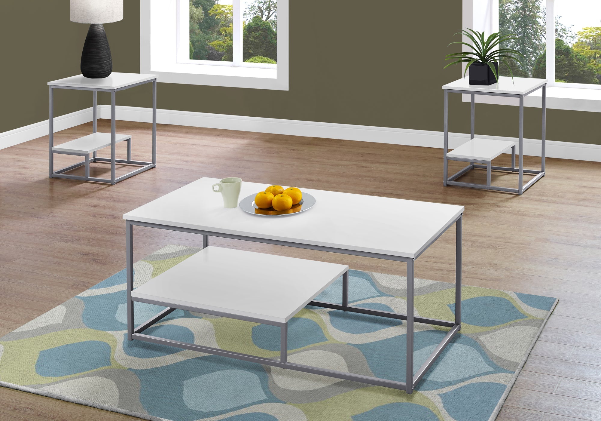 I 7961P Ensemble De Table, Ensemble 3pcs, Café, Bout, Côté, Accent, Salon, Métal, Stratifié, Blanc, Gris, Contemporain, Moderne - Simple Boutique