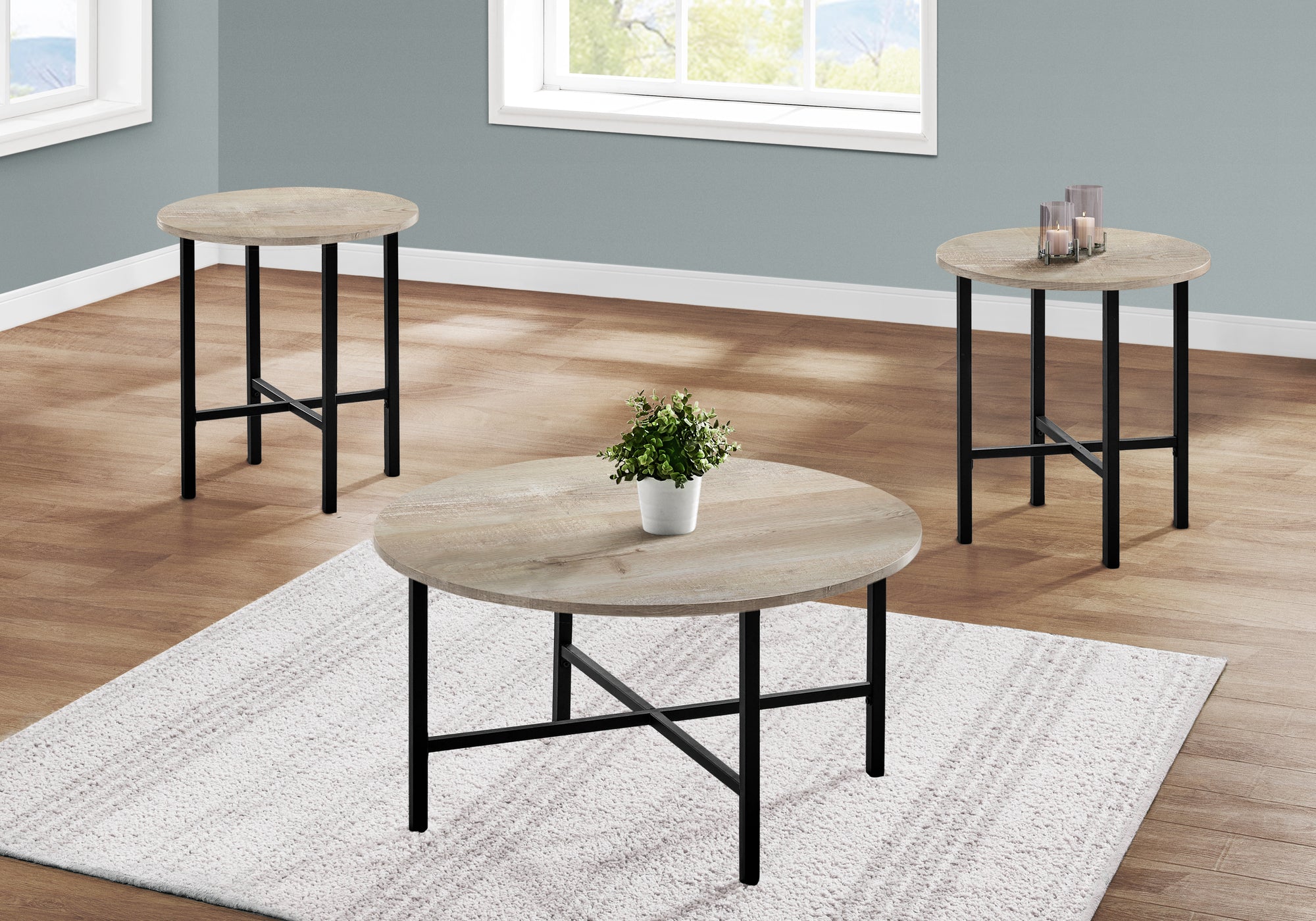 I 7969p - Ens De Tables 3pcs / Faux Bois Taupe / Metal Noir - Simple Boutique