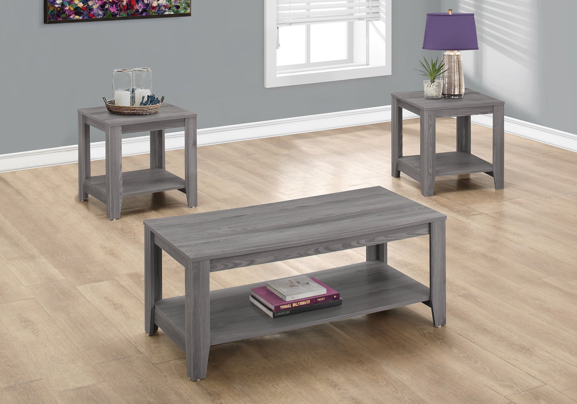 I 7991P Ensemble De Table, Ensemble 3pcs, Café, Bout, Côté, Accent, Salon, Stratifié, Gris, Transitionnel - Simple Boutique
