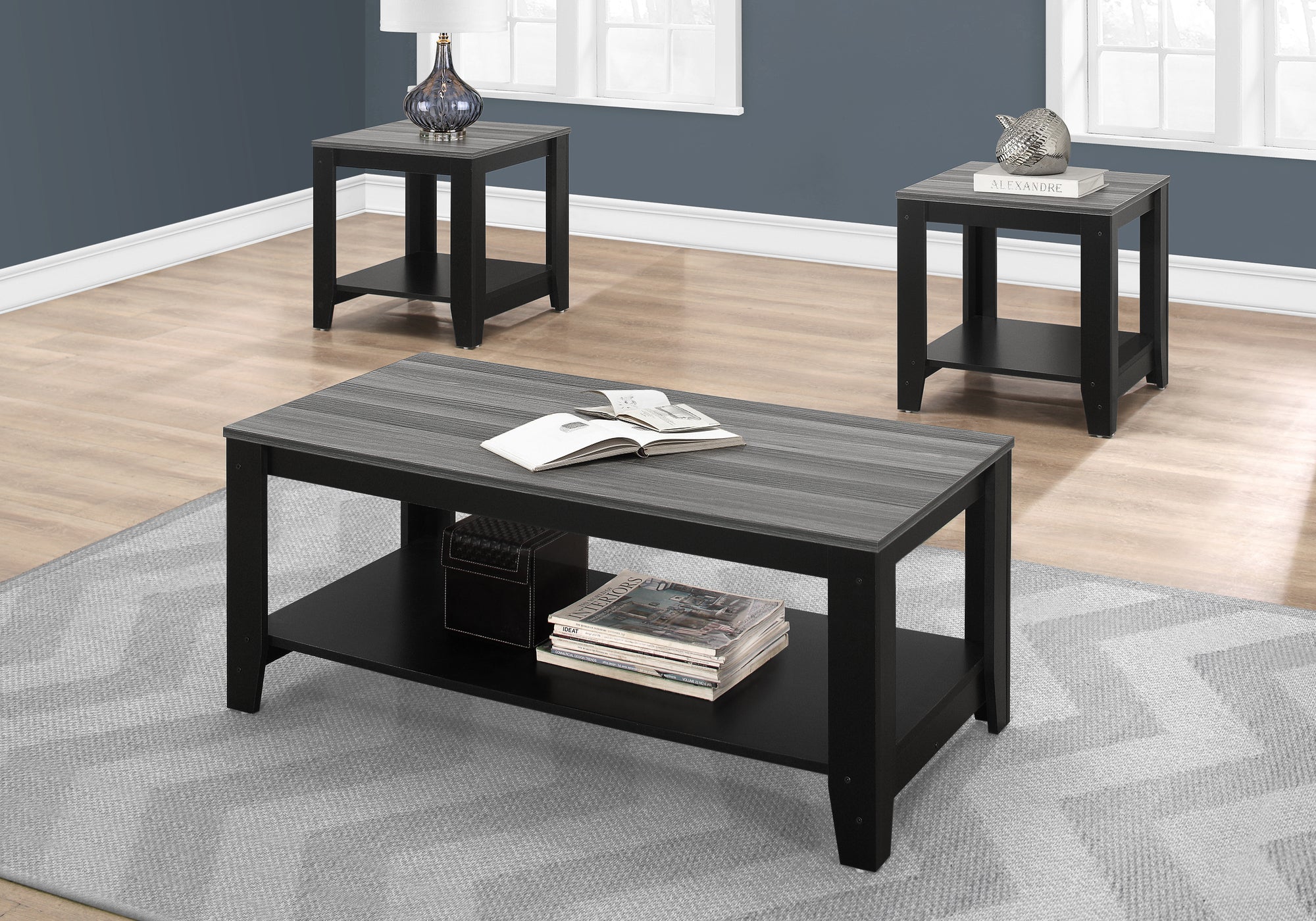 I 7992P Ensemble De Table, Ensemble 3pcs, Café, Bout, Côté, Accent, Salon, Stratifié, Noir, Gris, Transitionnel - Simple Boutique