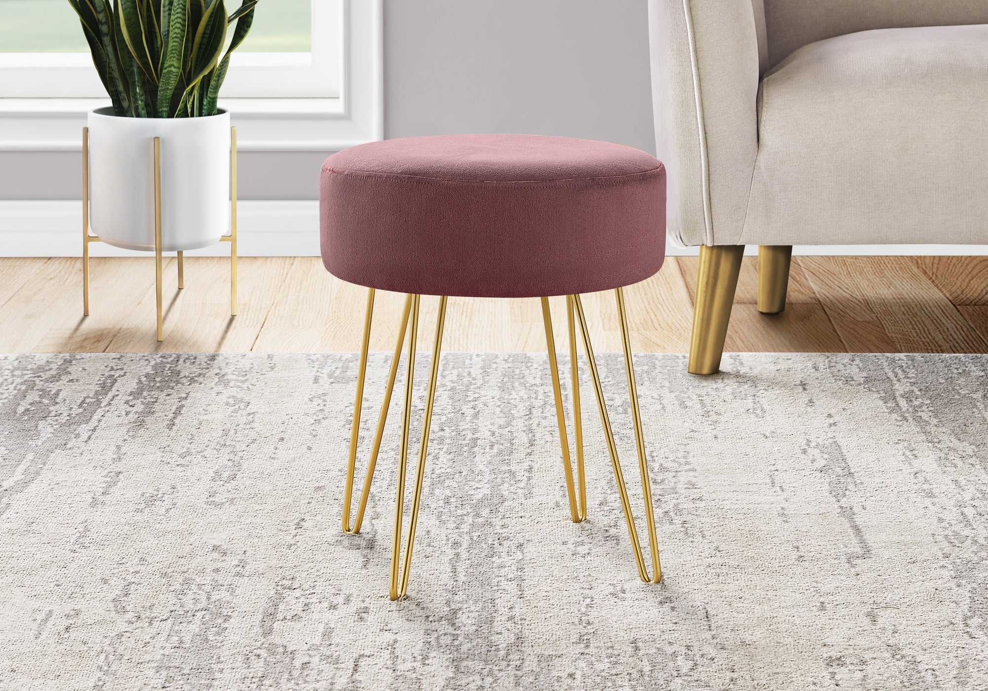 I 9001 Ottoman, Pouf, Repose Pieds, Tabouret, 14" Rond, En Tissu, Pieds En Métal, Rose, Or, Contemporain, Moderne - Simple Boutique