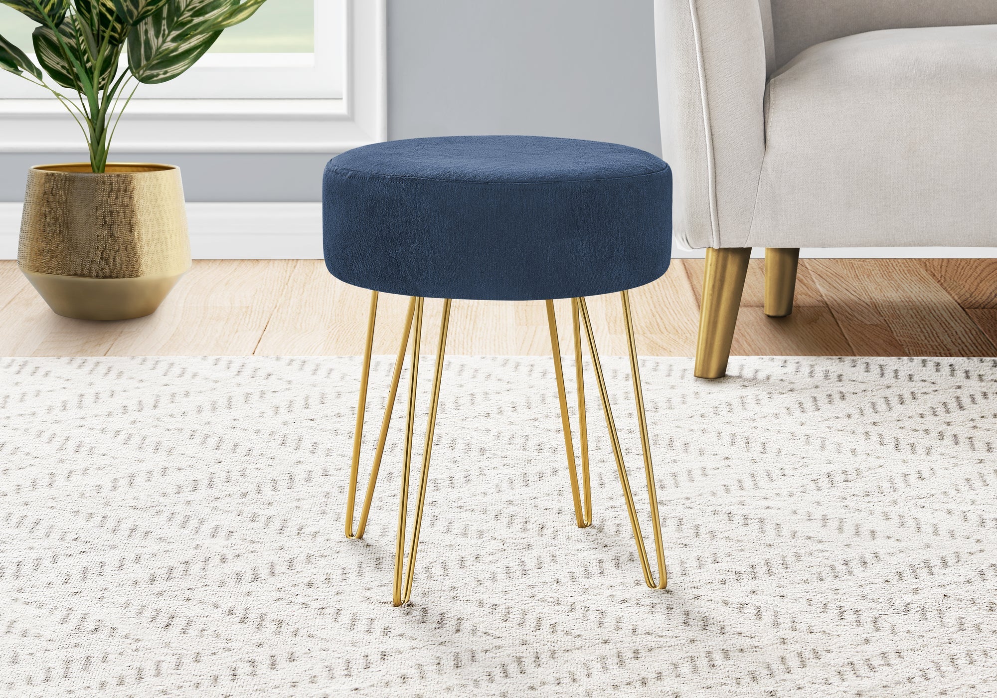 I 9002 Ottoman, Pouf, Repose Pieds, Tabouret, 14" Rond, En Tissu, Pieds En Métal, Bleu, Or, Contemporain, Moderne - Simple Boutique