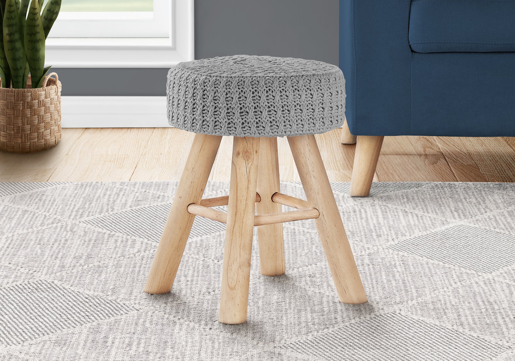 I 9013 Ottoman, Pouf, Repose Pieds, Tabouret, 12" Rond, Velours, Pattes En Bois, Gris, Naturel, Contemporain, Moderne - Simple Boutique