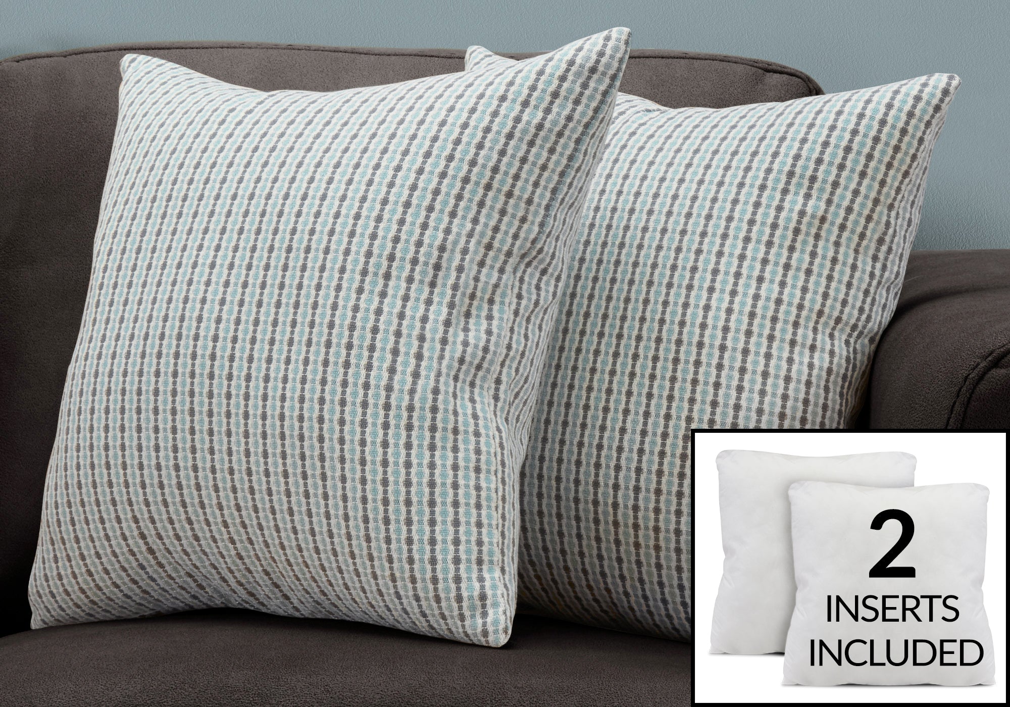 I 9231 Oreillers, Lot De 2, 18 X 18 Carré, Encart Inclus, Jeté Décoratif, Accent, Sofa, Canapé, Chambre À Coucher, Polyester, Hypoallergénique, Bleu, Gris, Moderne - Simple Boutique