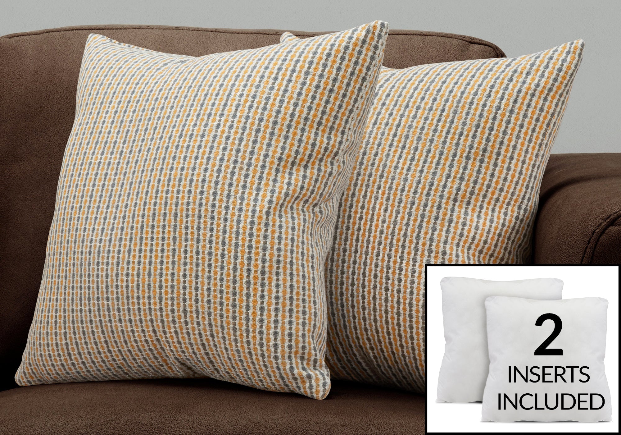 I 9235 Oreillers, Lot De 2, 18 X 18 Carré, Encart Inclus, Jeté Décoratif, Accent, Sofa, Canapé, Chambre À Coucher, Polyester, Hypoallergénique, Or, Gris, Moderne - Simple Boutique