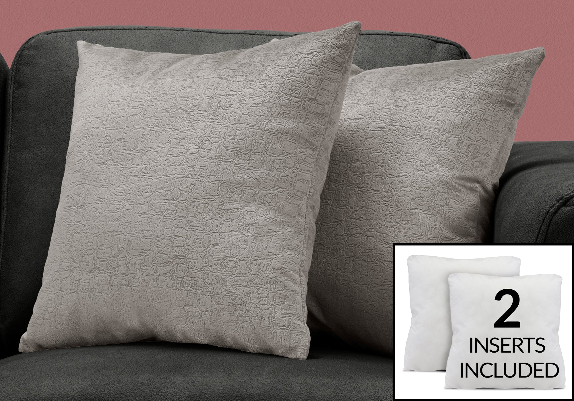 I 9273 Oreillers, Lot De 2, 18 X 18 Carré, Encart Inclus, Jeté Décoratif, Accent, Sofa, Canapé, Chambre À Coucher, Polyester, Hypoallergénique, Gris, Moderne - Simple Boutique