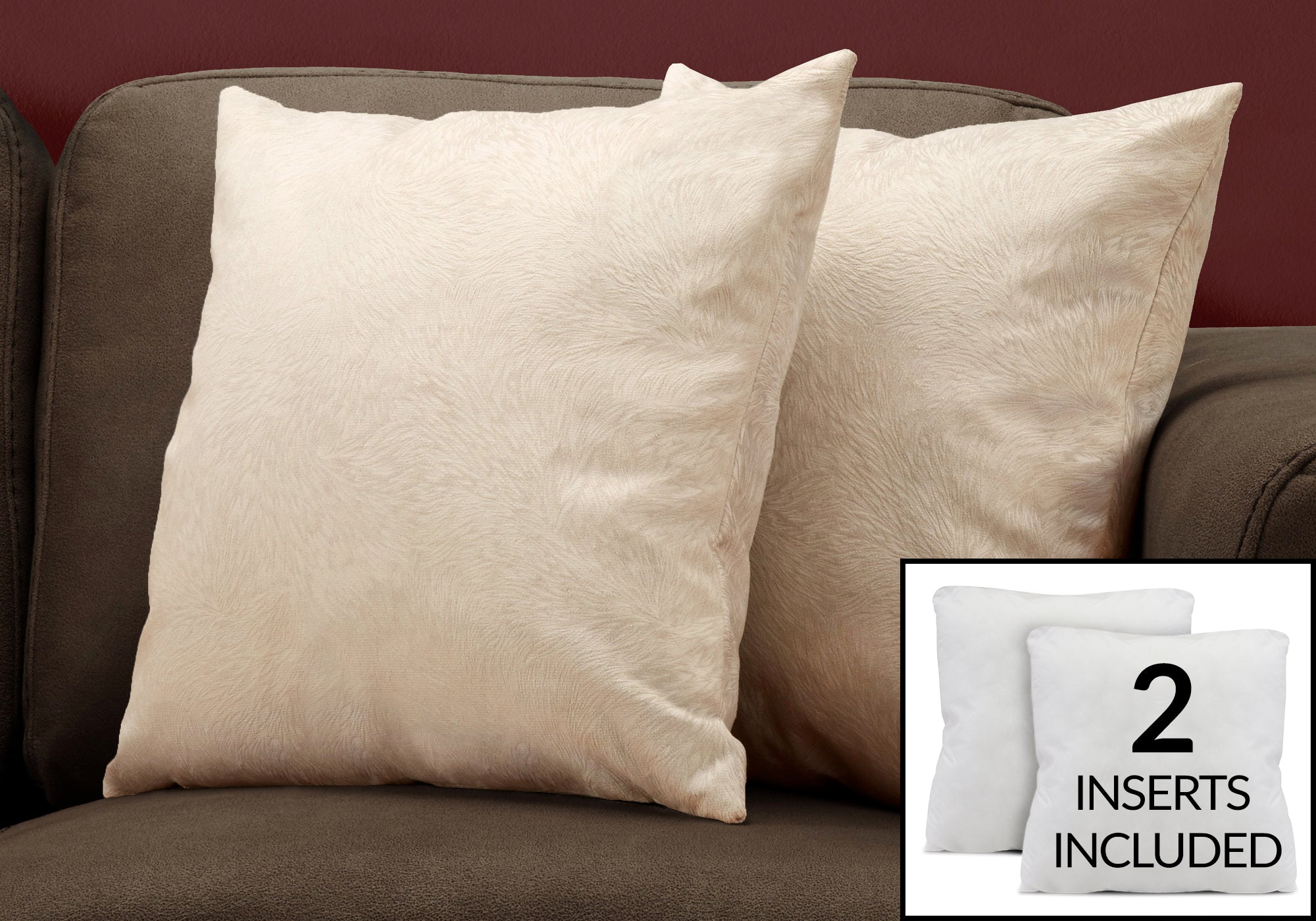 I 9319 Oreillers, Lot De 2, 18 X 18 Carré, Encart Inclus, Jeté Décoratif, Accent, Sofa, Canapé, Chambre À Coucher, Polyester, Hypoallergénique, Beige, Moderne - Simple Boutique