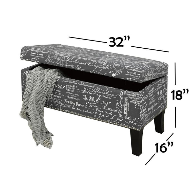 IFDC - Banc Rembourré avec Rangement, 32" x16" x18", Tissus Gris Motif Écriture - Simple Boutique