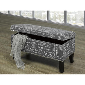 IFDC - Banc Rembourré avec Rangement, 32" x16" x18", Tissus Gris Motif Écriture - Simple Boutique